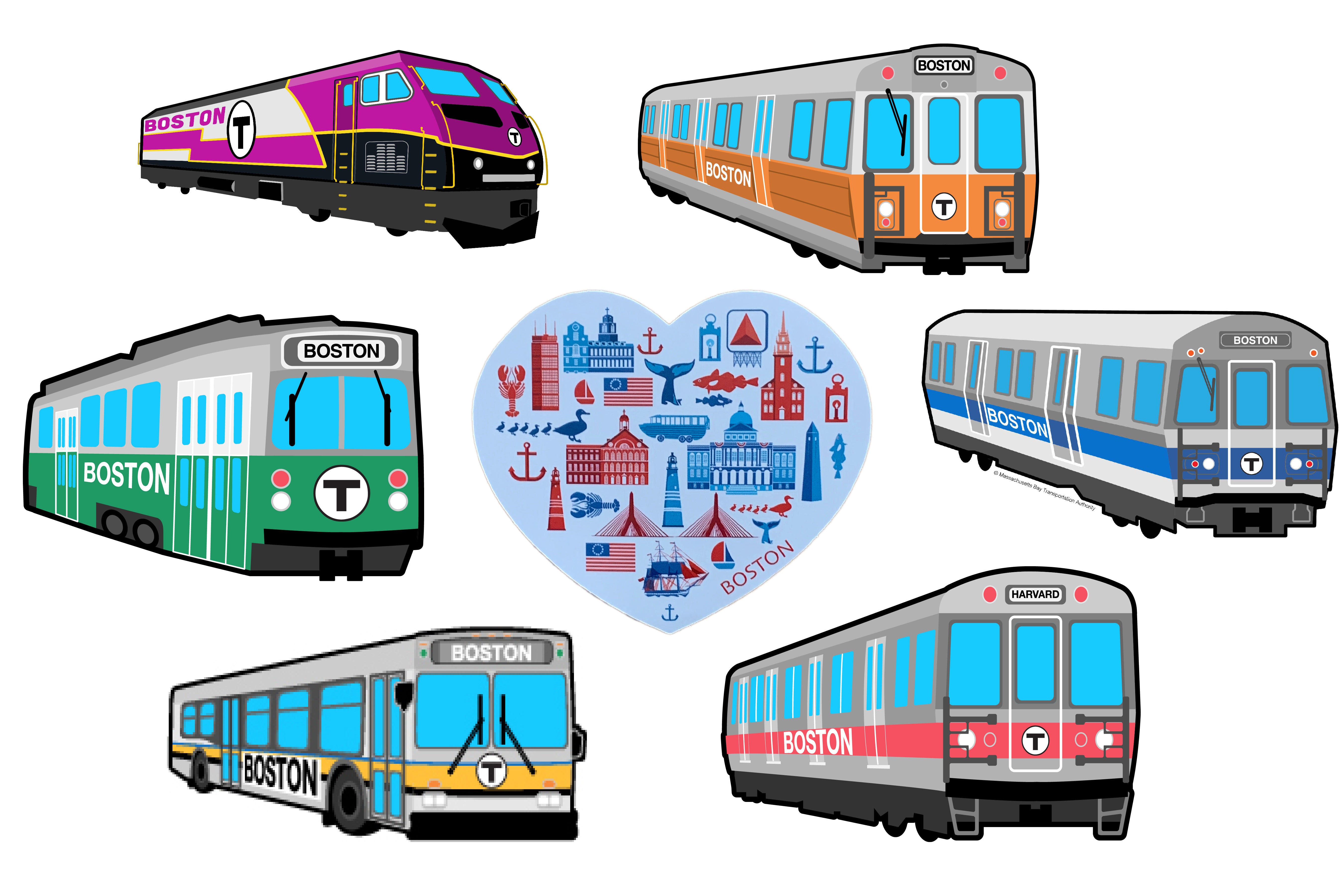 Fun Boston MA MBTA train and bus souvenir vinyl stickers
