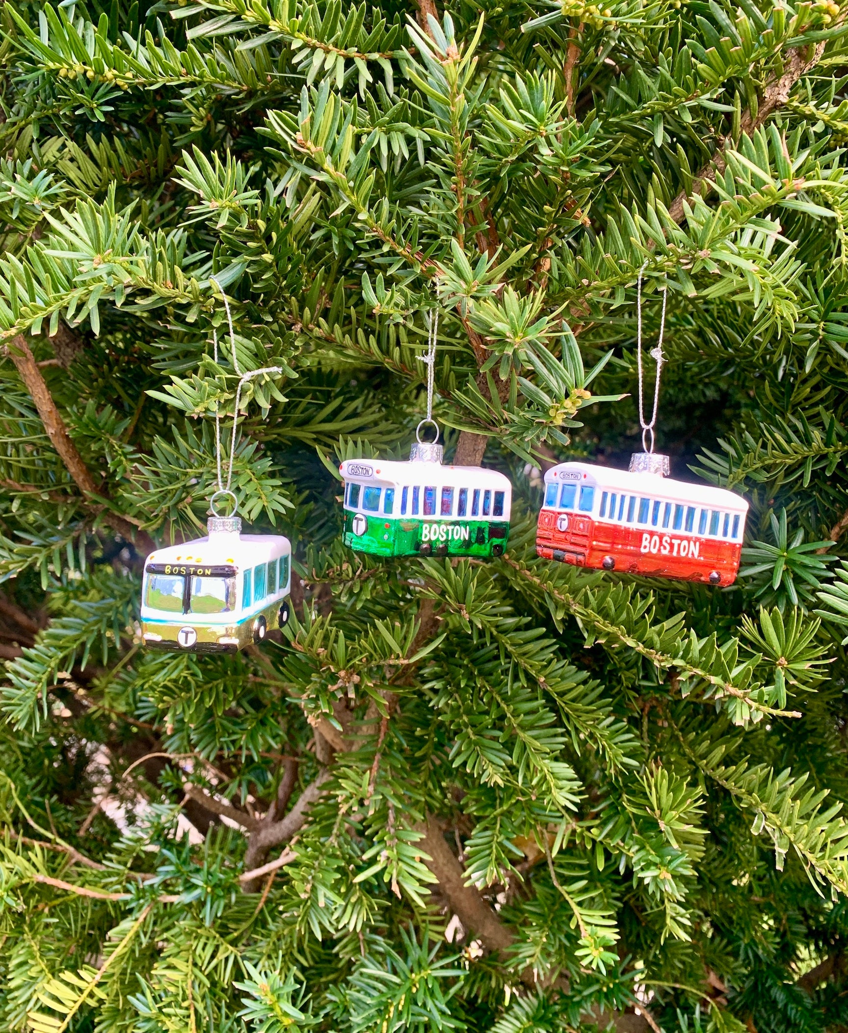 Boston MBTA Bus Trolley Train Christmas Tree Ornaments hanging on tree