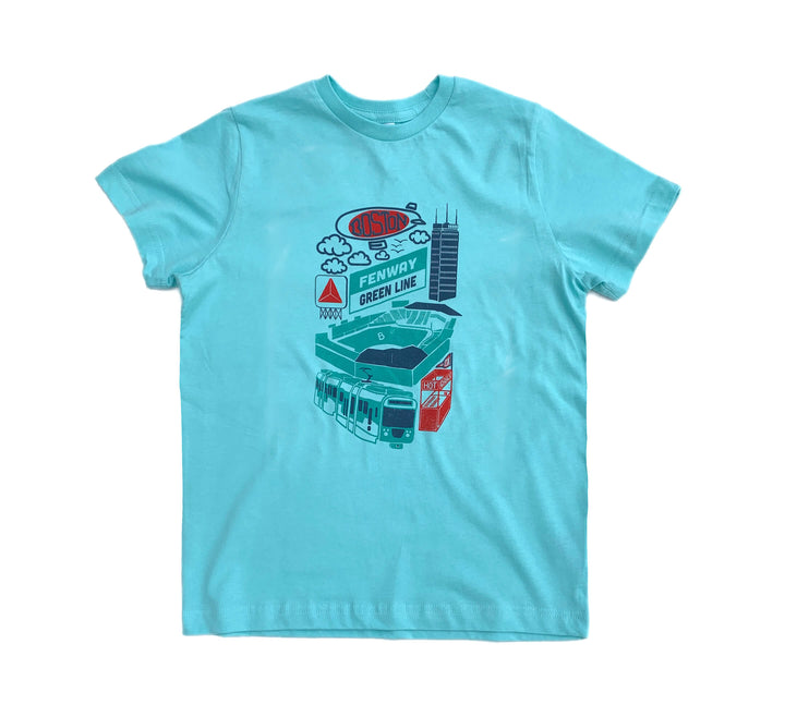 Chill blue t-shirt with hand drawn Fenway Park green line trolley stop green red and blue graphic