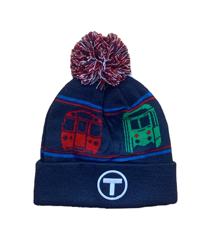 navy blue adult size winter pom pom hat with MBTA subway trains and embroidered mbta logo