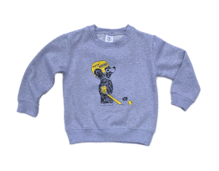 heather grey toddler sweatshirt with black and yellow graphic of cute Boston Bruins baby cub playing hockey