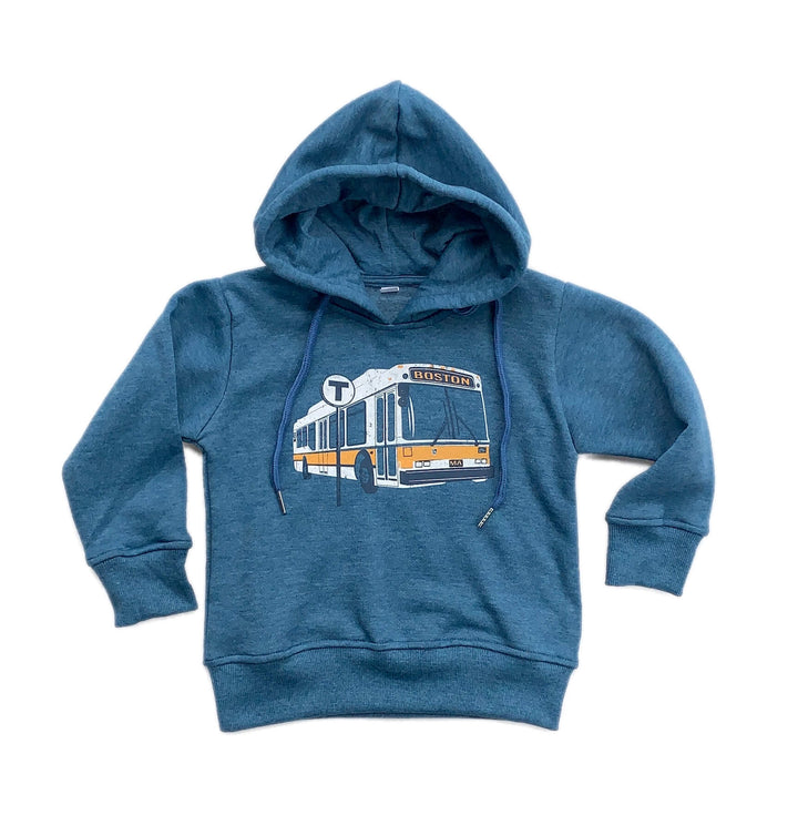 heather blue toddler sized hooded sweatshirt with yellow white and black Boston MBTA bus graphic