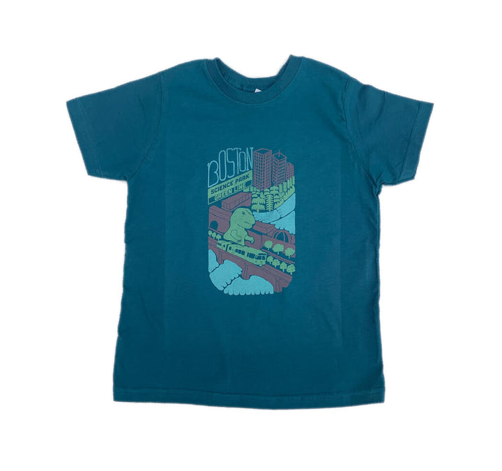 blue-green cotton toddler t-shirt with hand drawn overhead view of the Museum of Science Boston next to a t-rex dinosaur and green line trolley