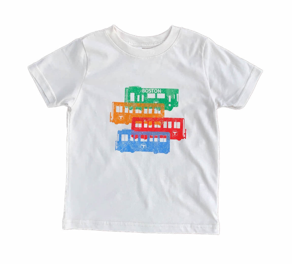 light grey toddler t-shirt with green orange red and blue line Boston subway train silhouette graphic