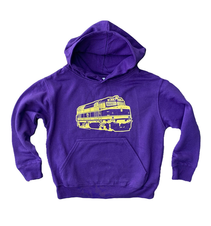 purple youth sized hoodie sweatshirt with yellow commuter rail train locomotive graphic