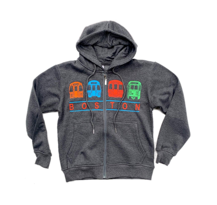 Youth sized heather charcoal zip up hoodie with orange, blue, red and green trains/trolley graphic and 'Boston' text