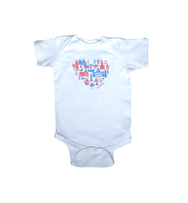 White baby onesie with red and blue heart-shaped Boston icons graphic