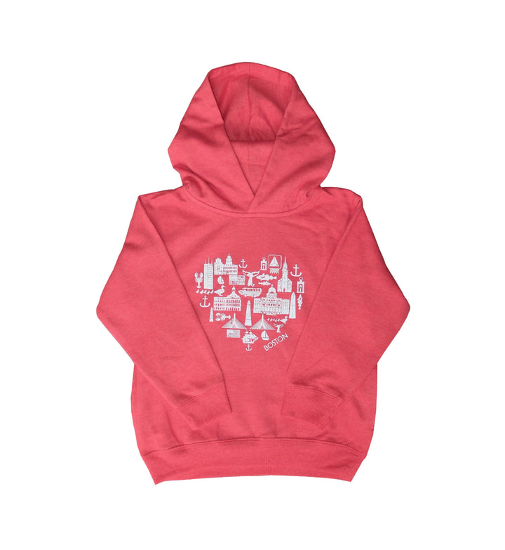 heather red toddler hoodie with heart-shaped icons of Boston white graphic