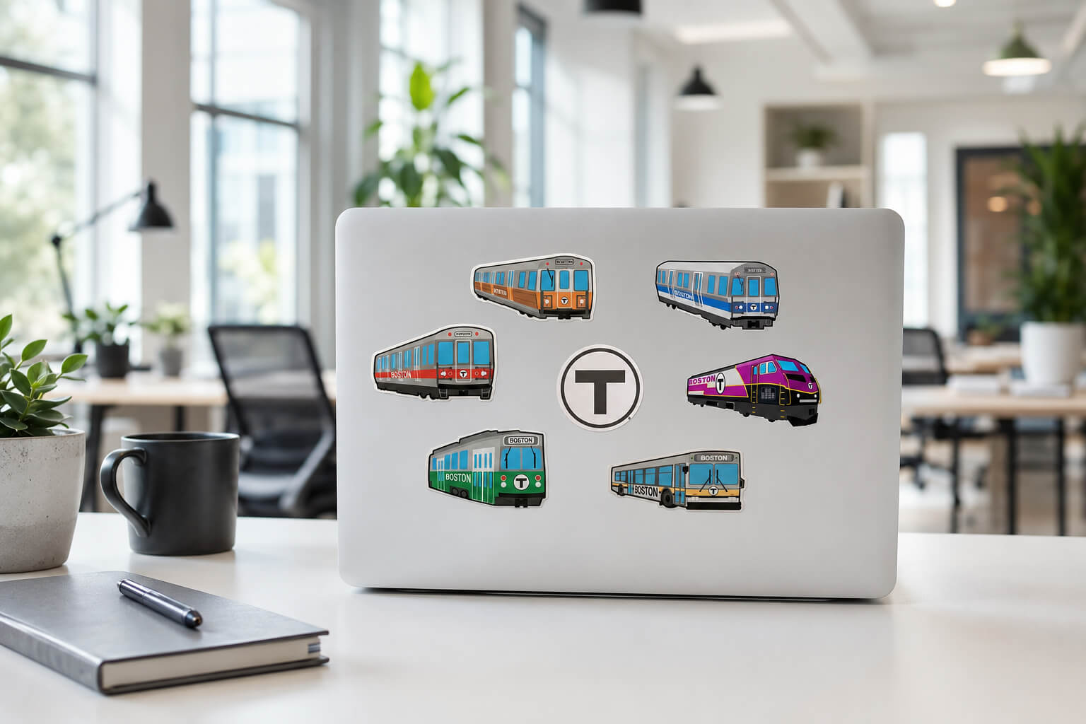 MBTA transit large vinyl stickers on a silver laptop