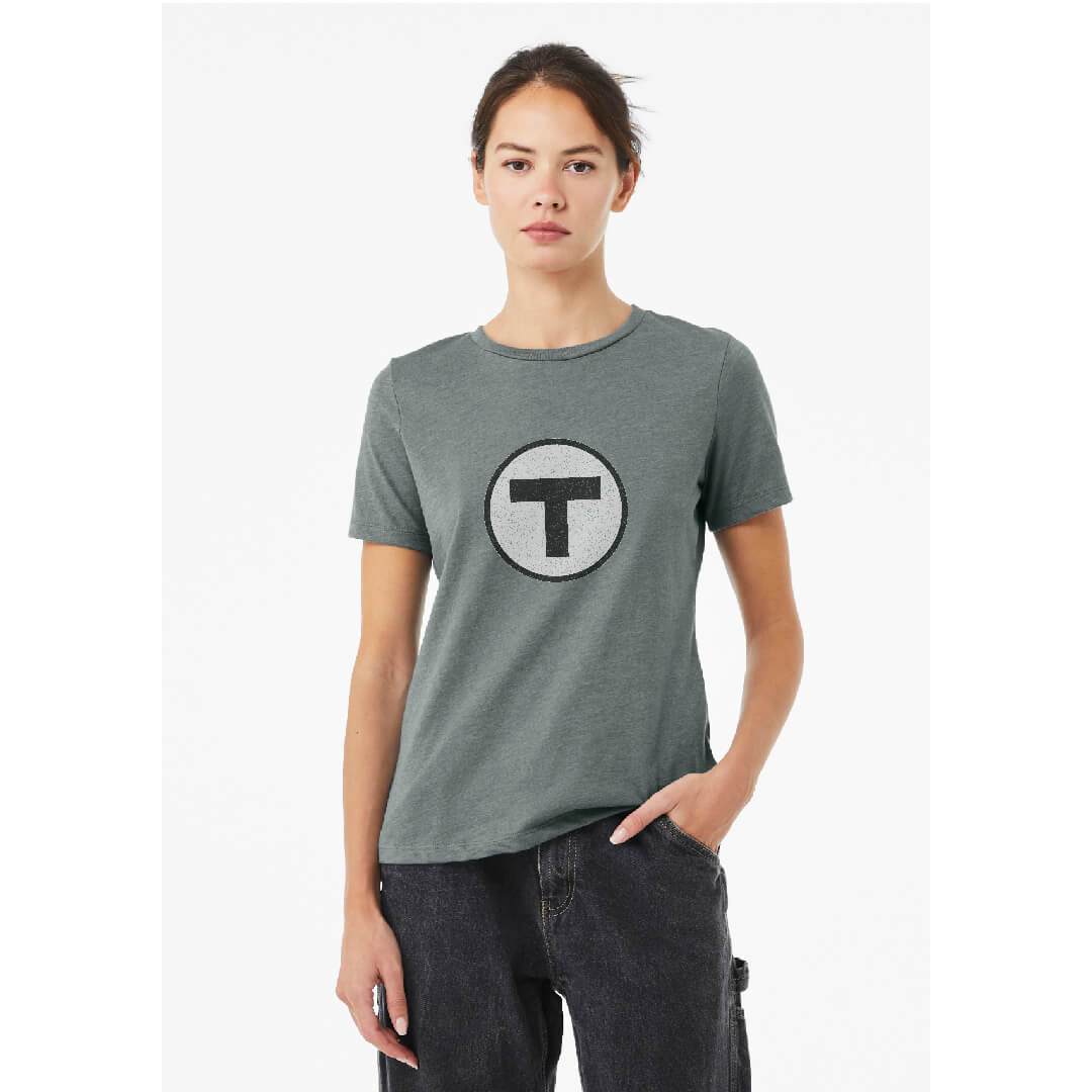 woman wearing Boston Make Way for Ducklings charcoal t-shirt