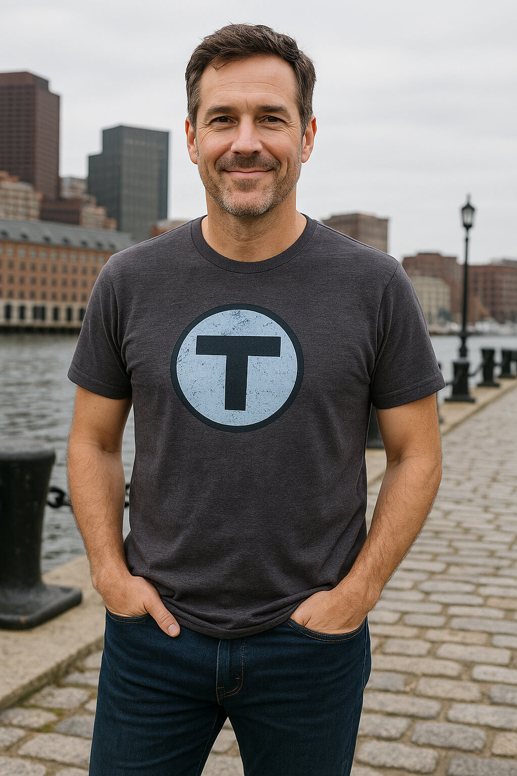 Man wearing washed black MBTA T logo T-shirt in the Boston waterfront