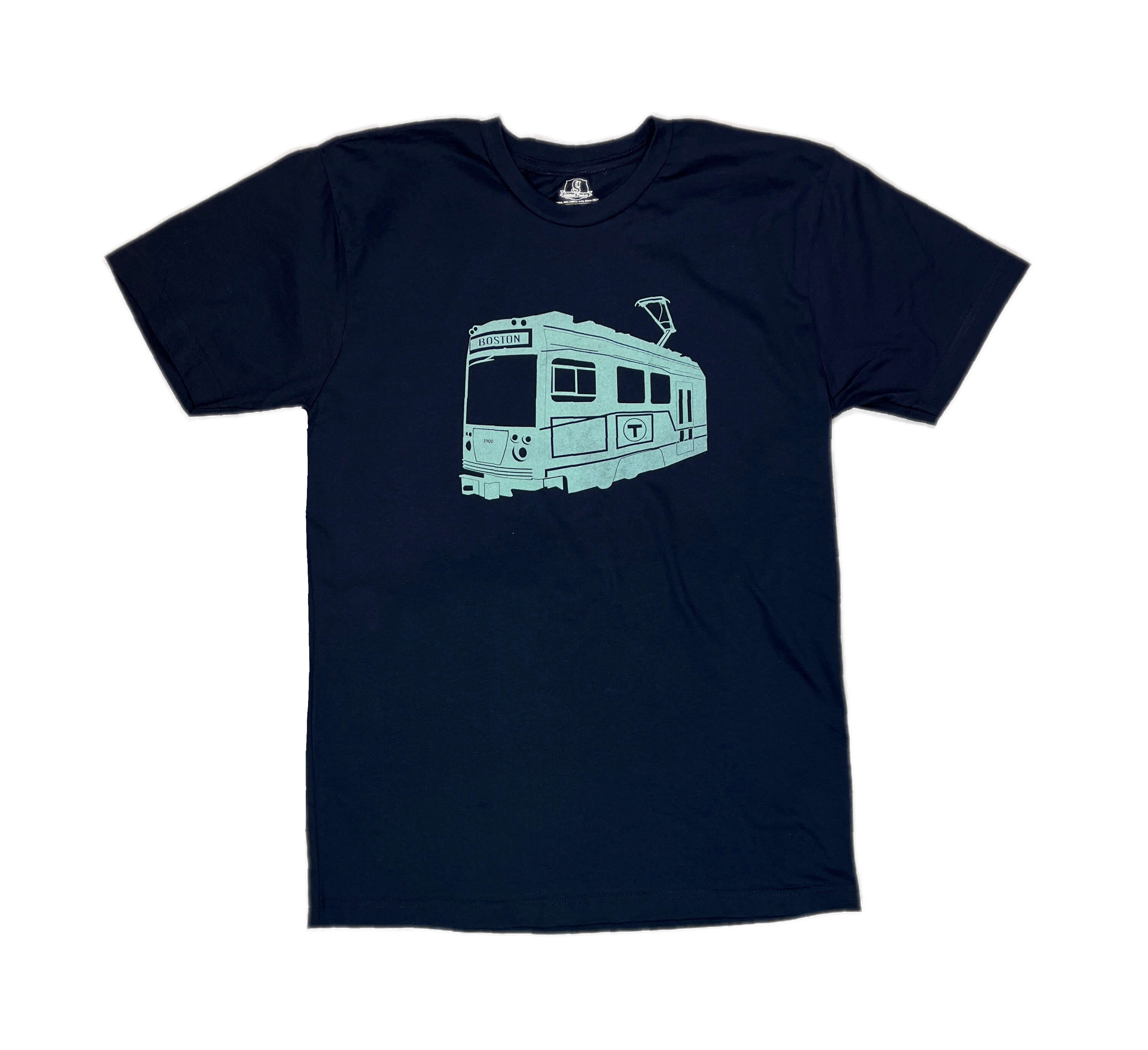 Navy blue cotton t-shirt with light sage green Boston Green Line subway Trolley graphic