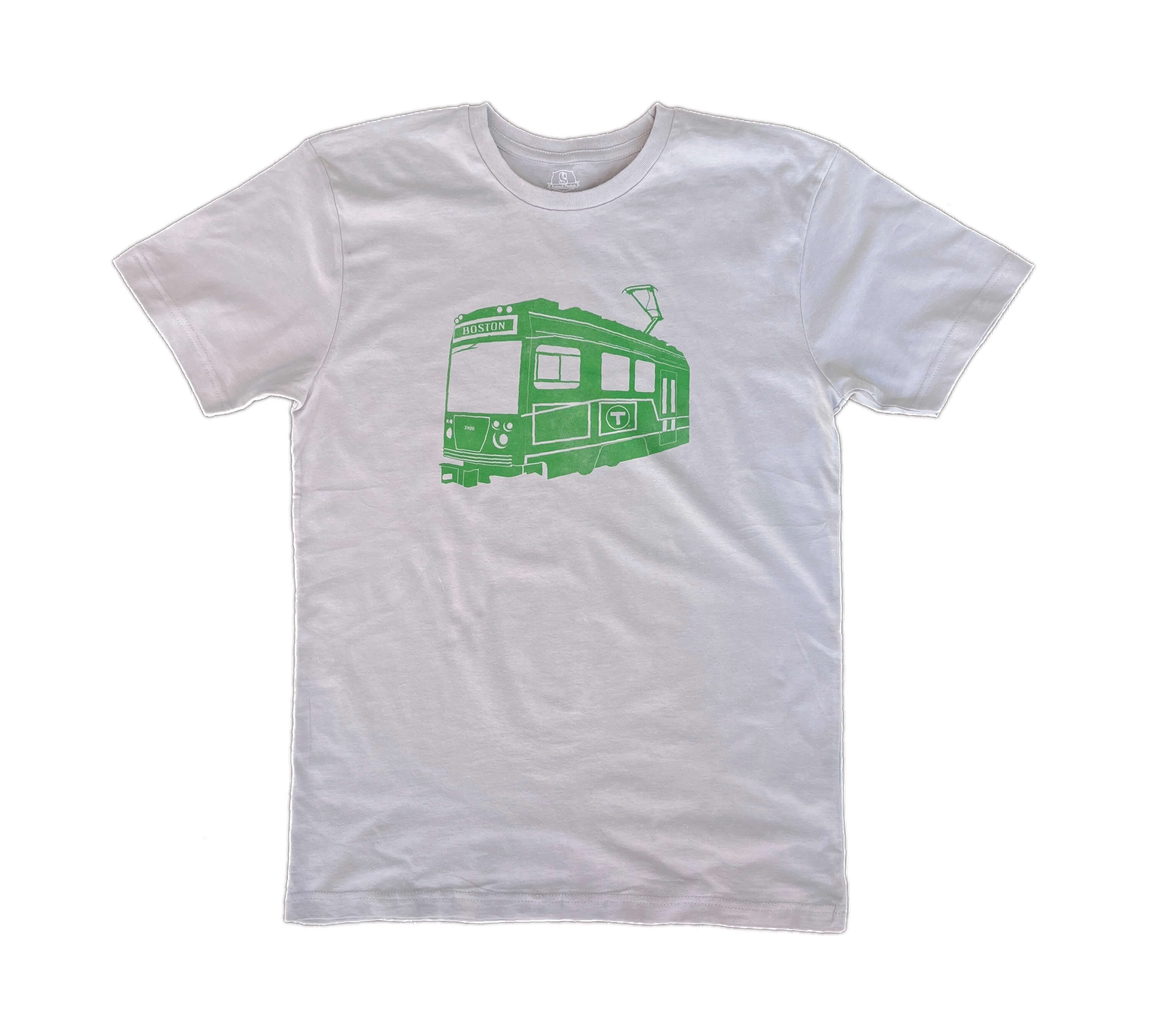 Silver cotton t-shirt with kelly green Boston Green Line subway Trolley graphic