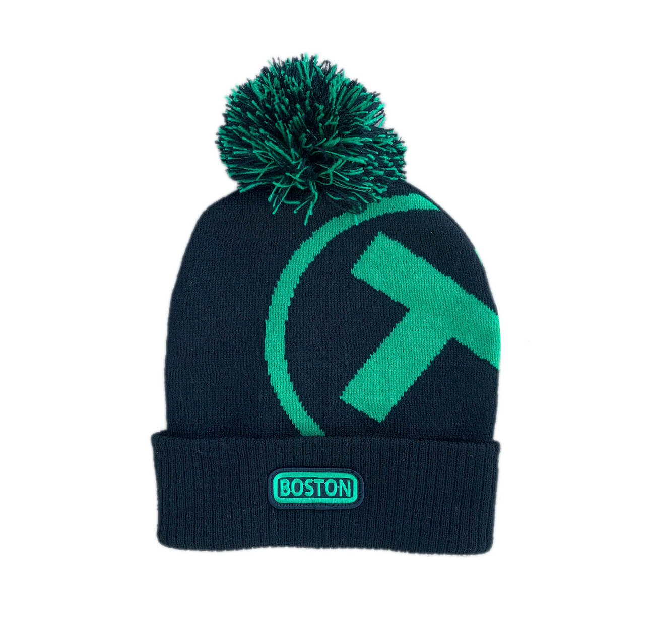 Black and Green adult size winter pom pom hat with large green MBTA T logo and Boston patch