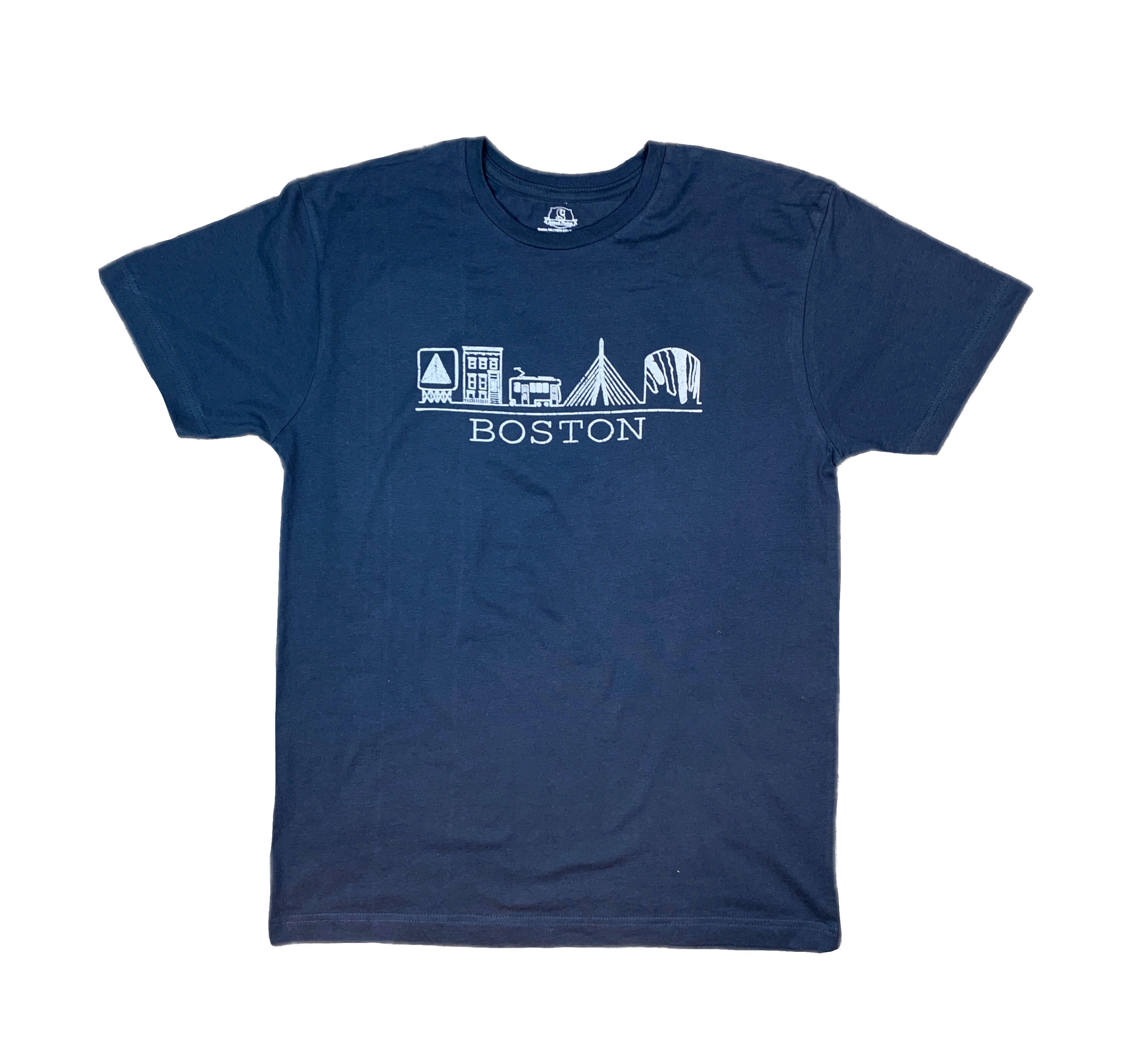 Blue cotton adult unisex t-shirt with white chest graphic containing hand drawn Boston Massachusetts familiar sights