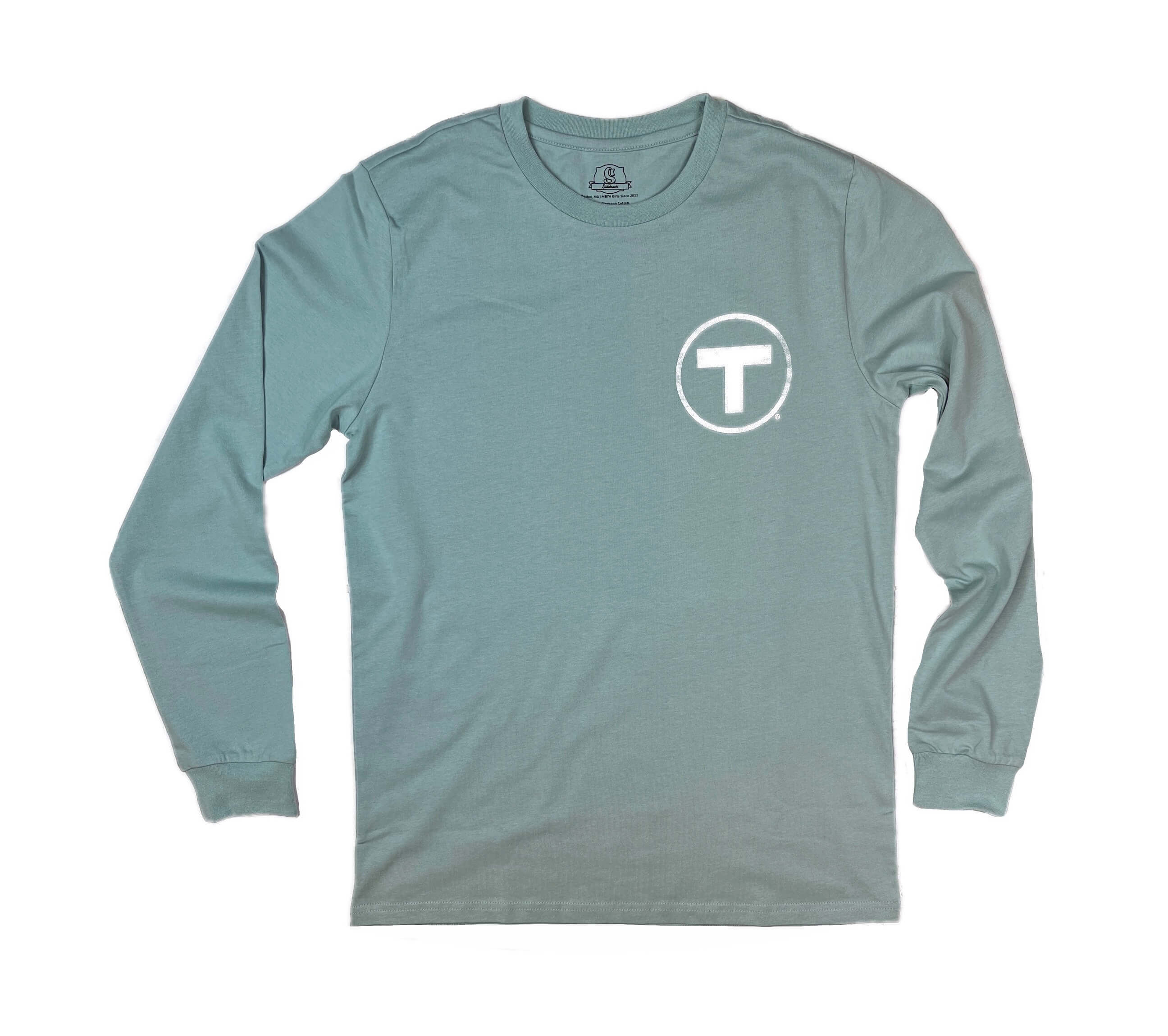 Adult size washed green long sleeve cotton t-shirt with Boston MBTA T Logo on left chest