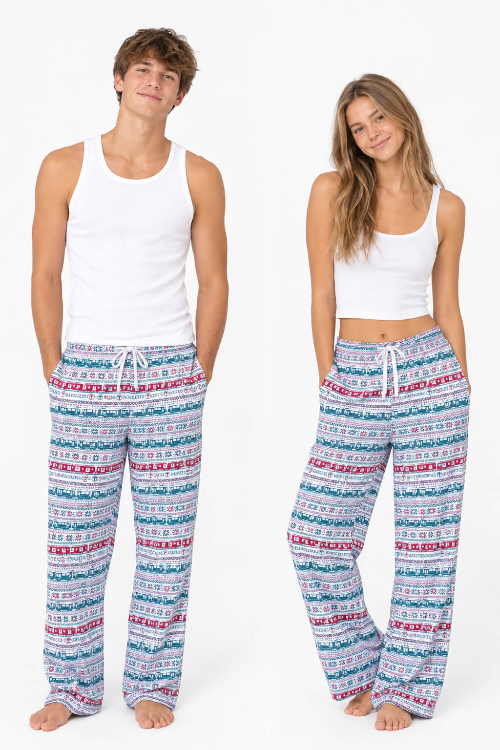 Two models wearing matching ivory Boston MBTA patterned lounge pants and white tank tops against a plain white background.