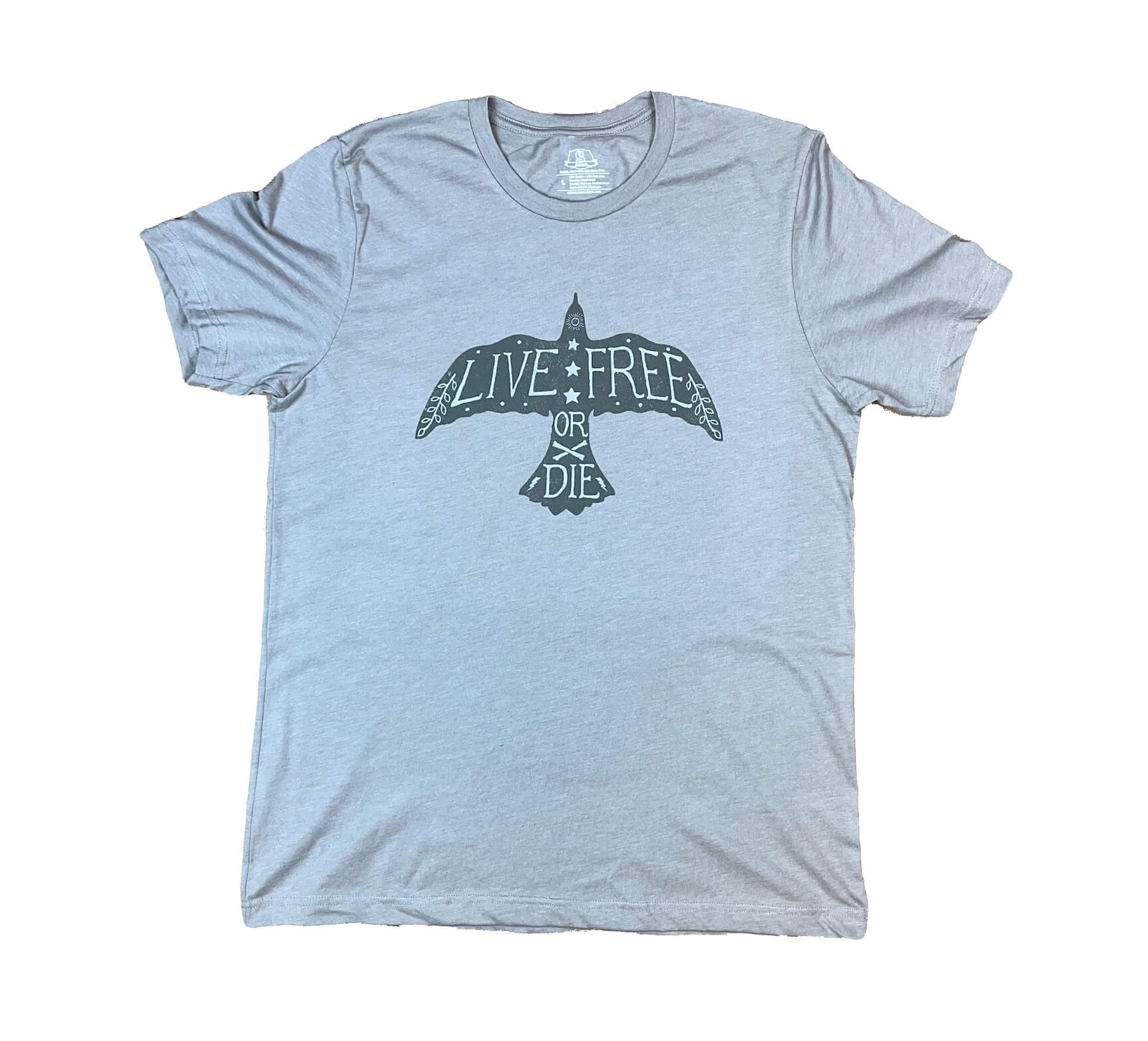 Heather stone (brownish grey) adult t-shirt with dark green soaring bird graphic and Live Free or Die text within the bird