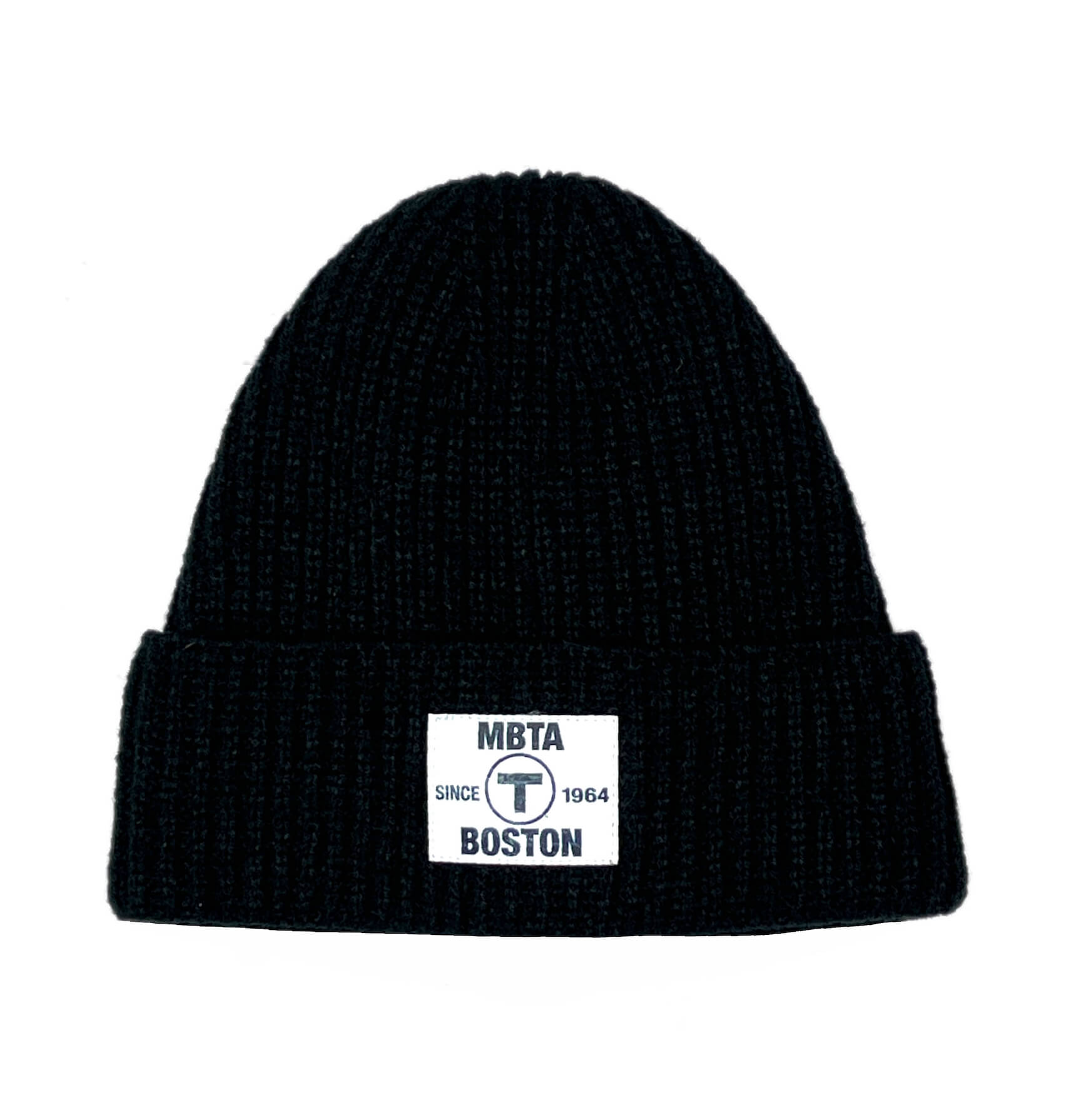 Black beanie hat with off white rectangular woven patch containing the MBTA logo