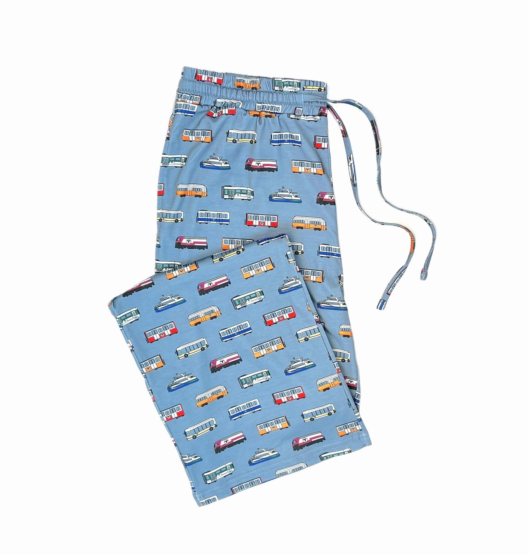 Adult-size steel blue pajama bottoms with a pattern of MBTA vehicles and drawstring