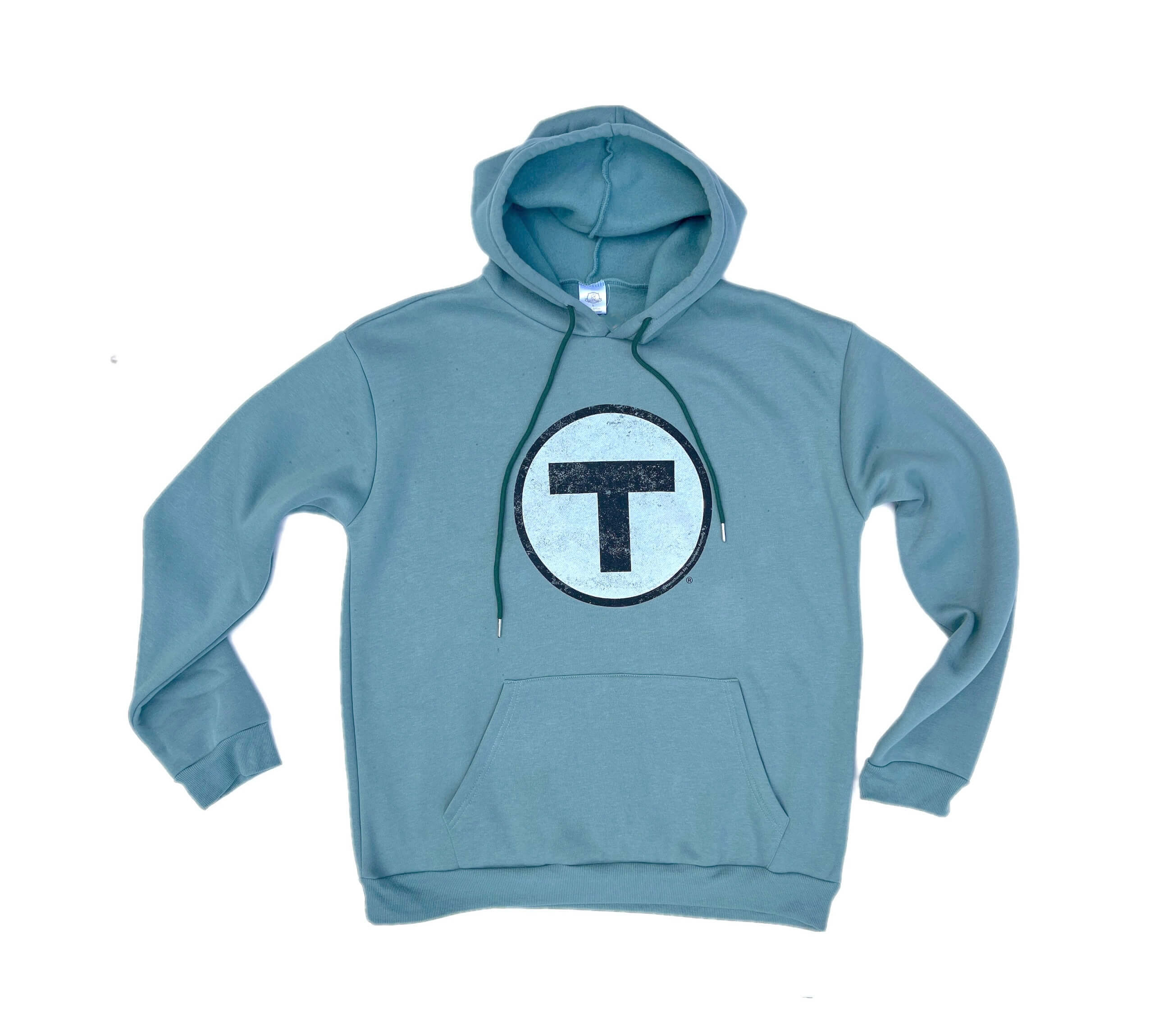 A light green pullover hoodie featuring a distressed MBTA T Logo graphic set against a plain white studio backdrop.