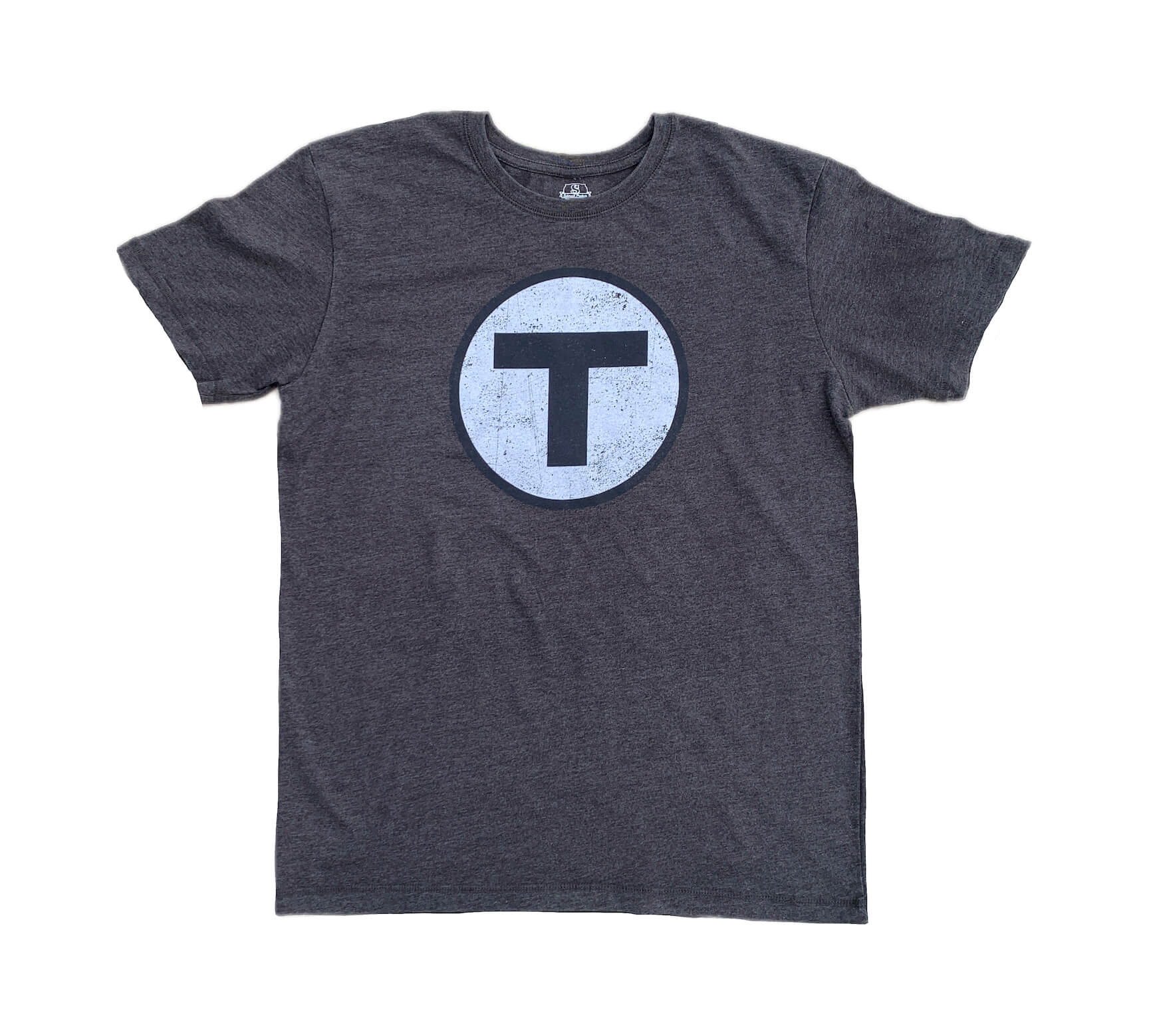 faded black luxury cotton t-shirt with black and white Boston MBTA T Logo