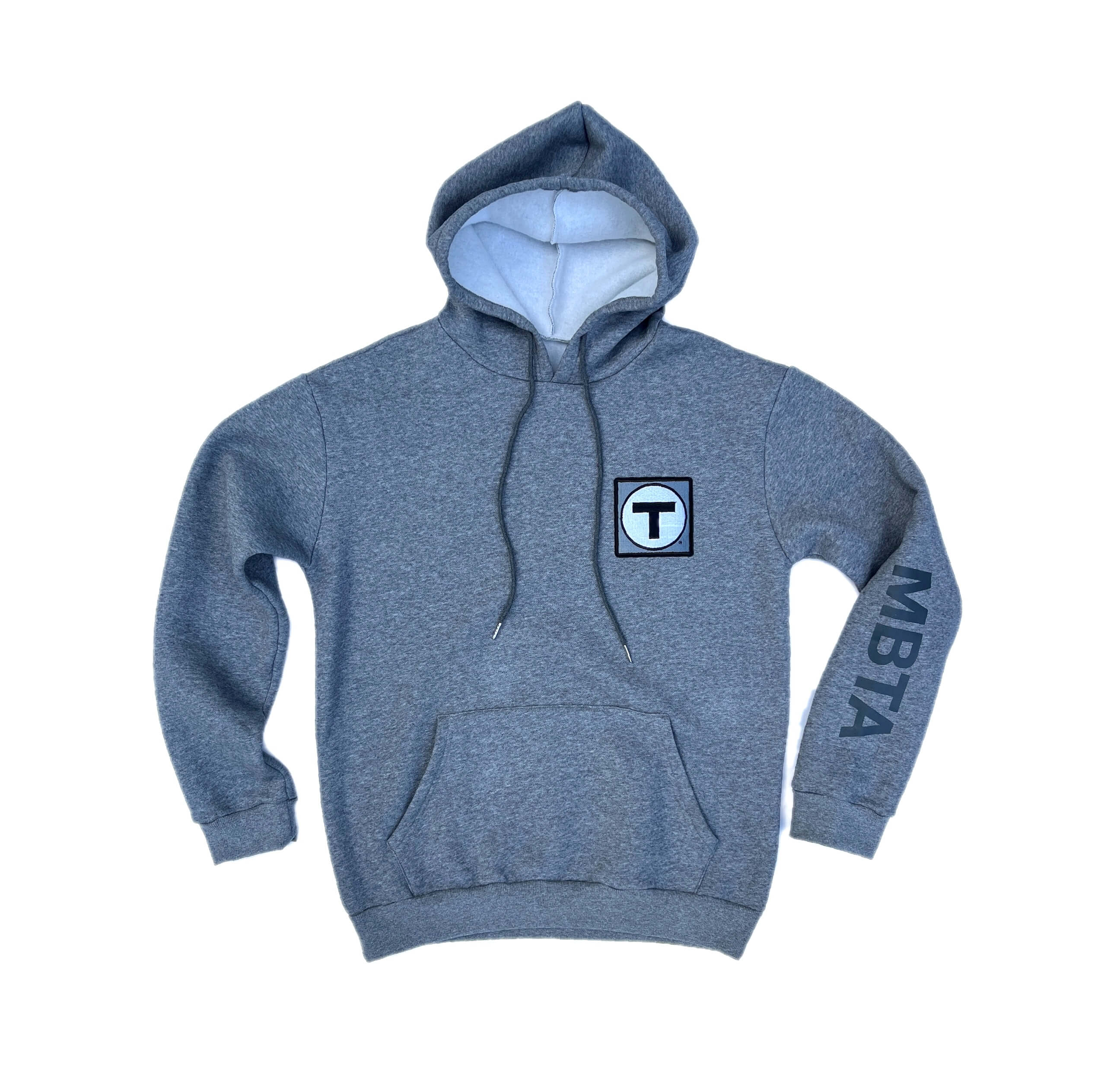 A heather grey hoodie featuring an embroidered MBTA T logo within a grey square and 'MBTA' printed vertically in black on the left sleeve.