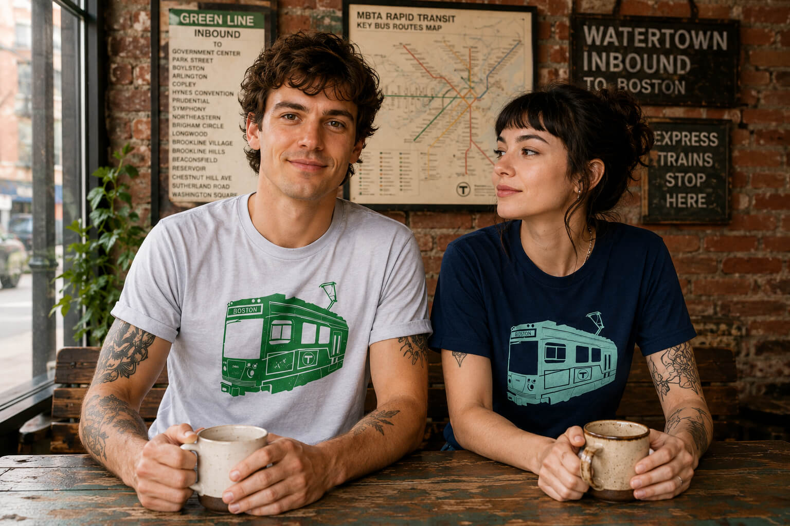 A young man and woman in coffee shop wearing silver and navy blue Boston MBTA green line trolley t-shirts