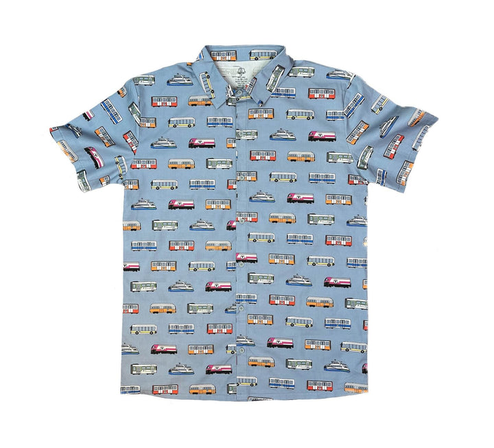 Light blue adult size short sleeve button-up shirt with MBTA vehicle pattern