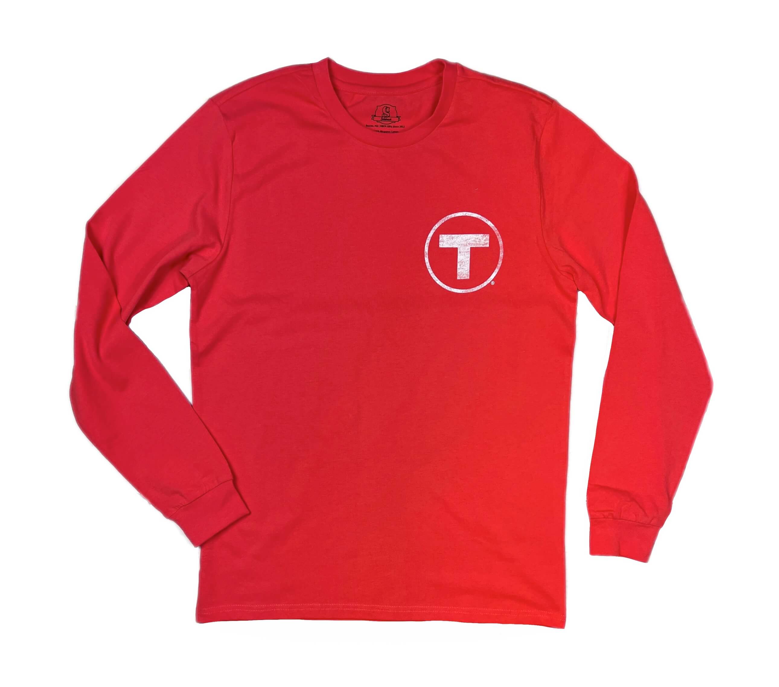Adult size red long sleeve cotton t-shirt with Boston MBTA T Logo on left chest