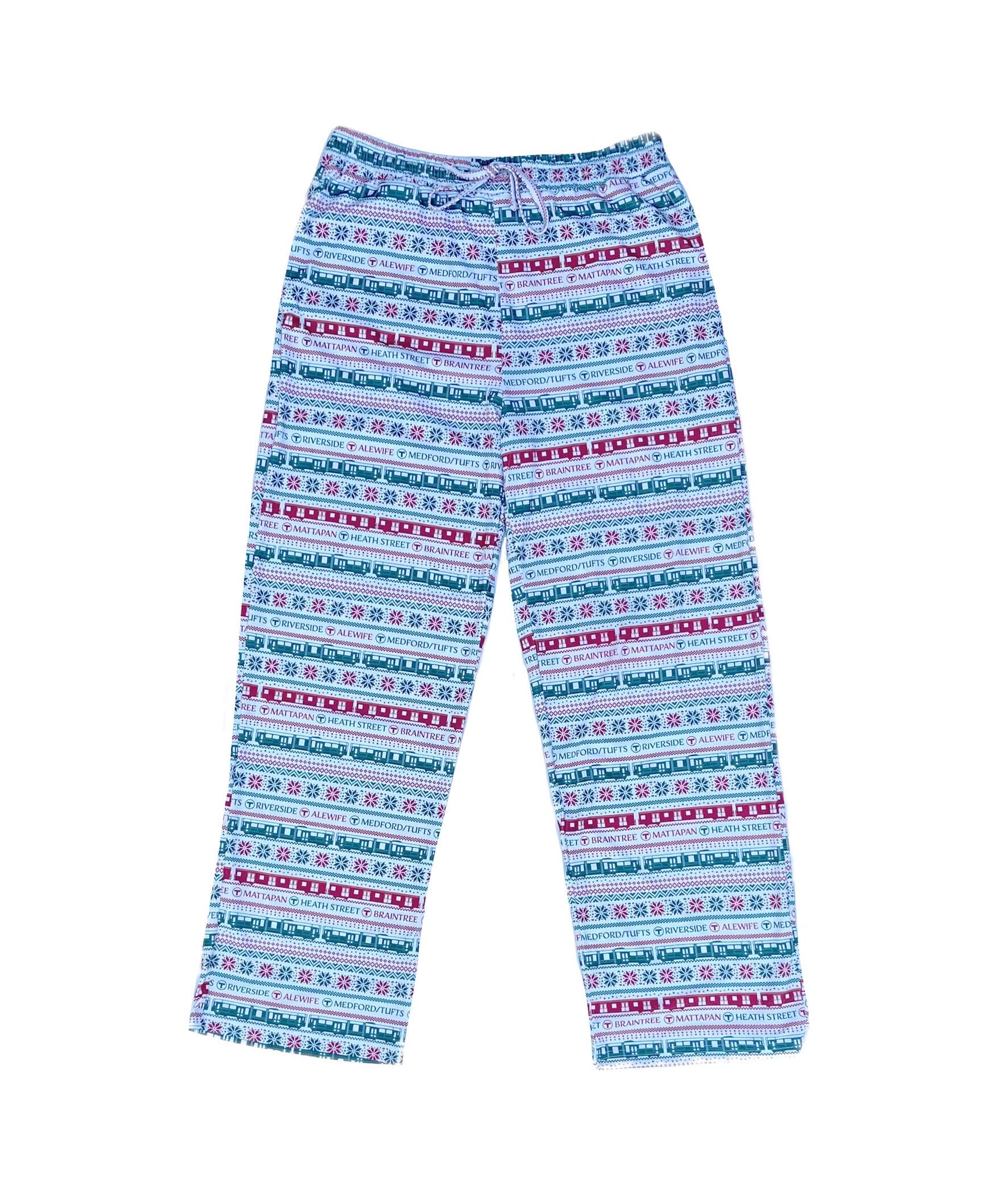 Ivory colored adult size pajama bottoms with a red and green holiday pattern consisting of mbta green line trolleys and red line trains