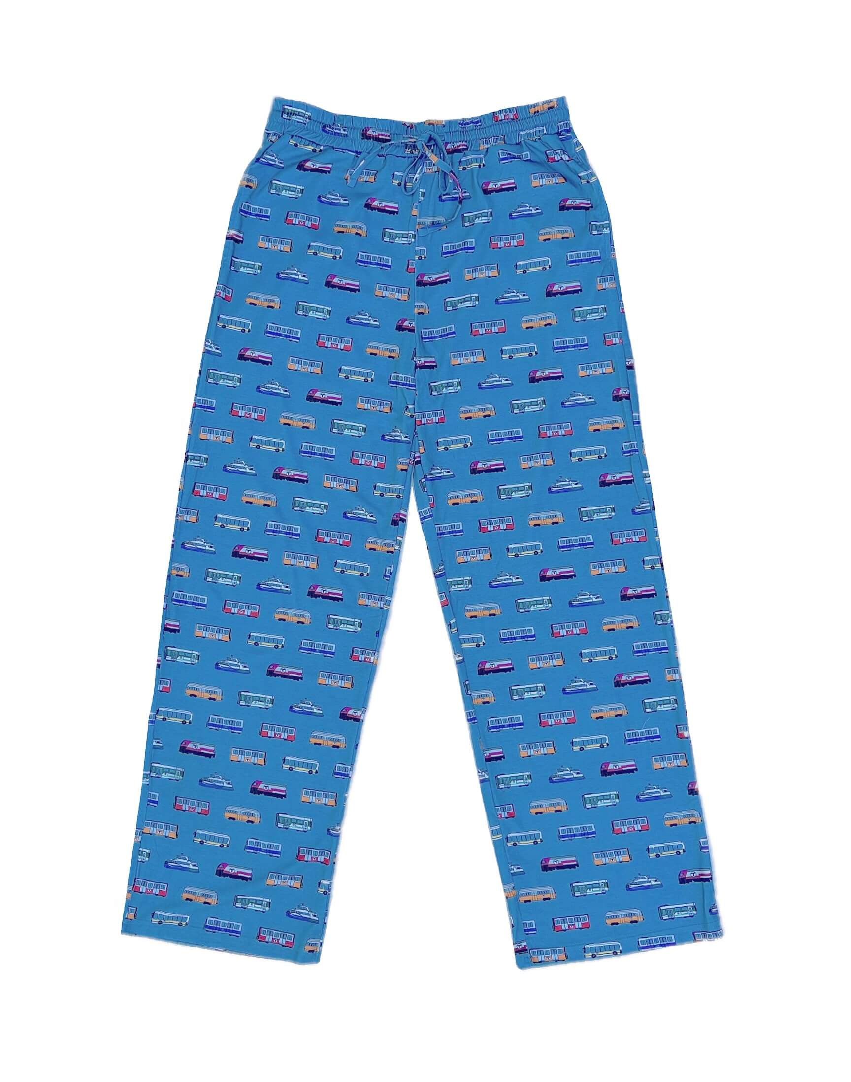 Slate blue colored adult size pajama bottoms with a pattern consisting of Boston mbta transit vehicles