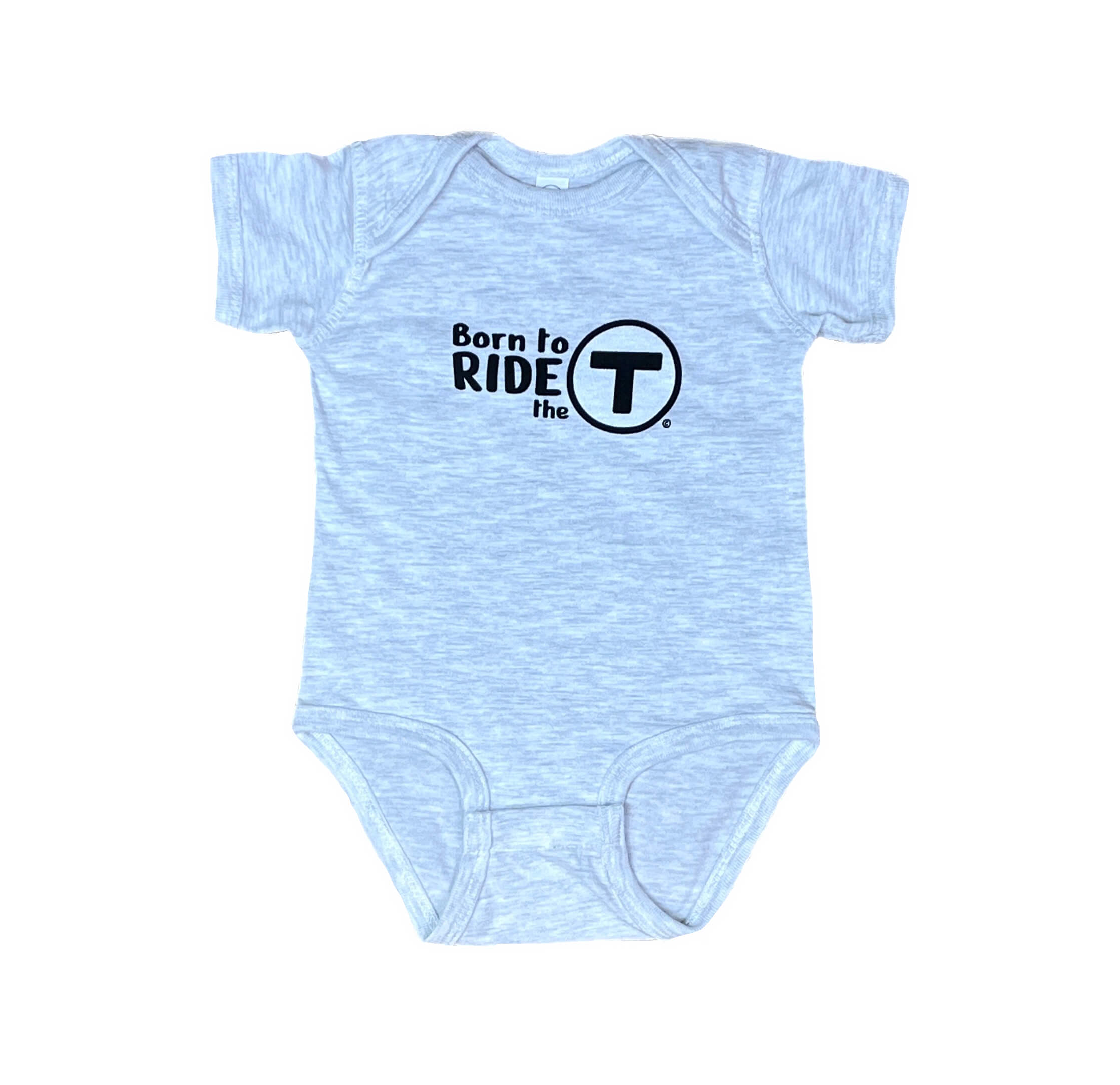 Ash colored baby onesie with the Boston MBTA logo and the words "Born to Ride the T."