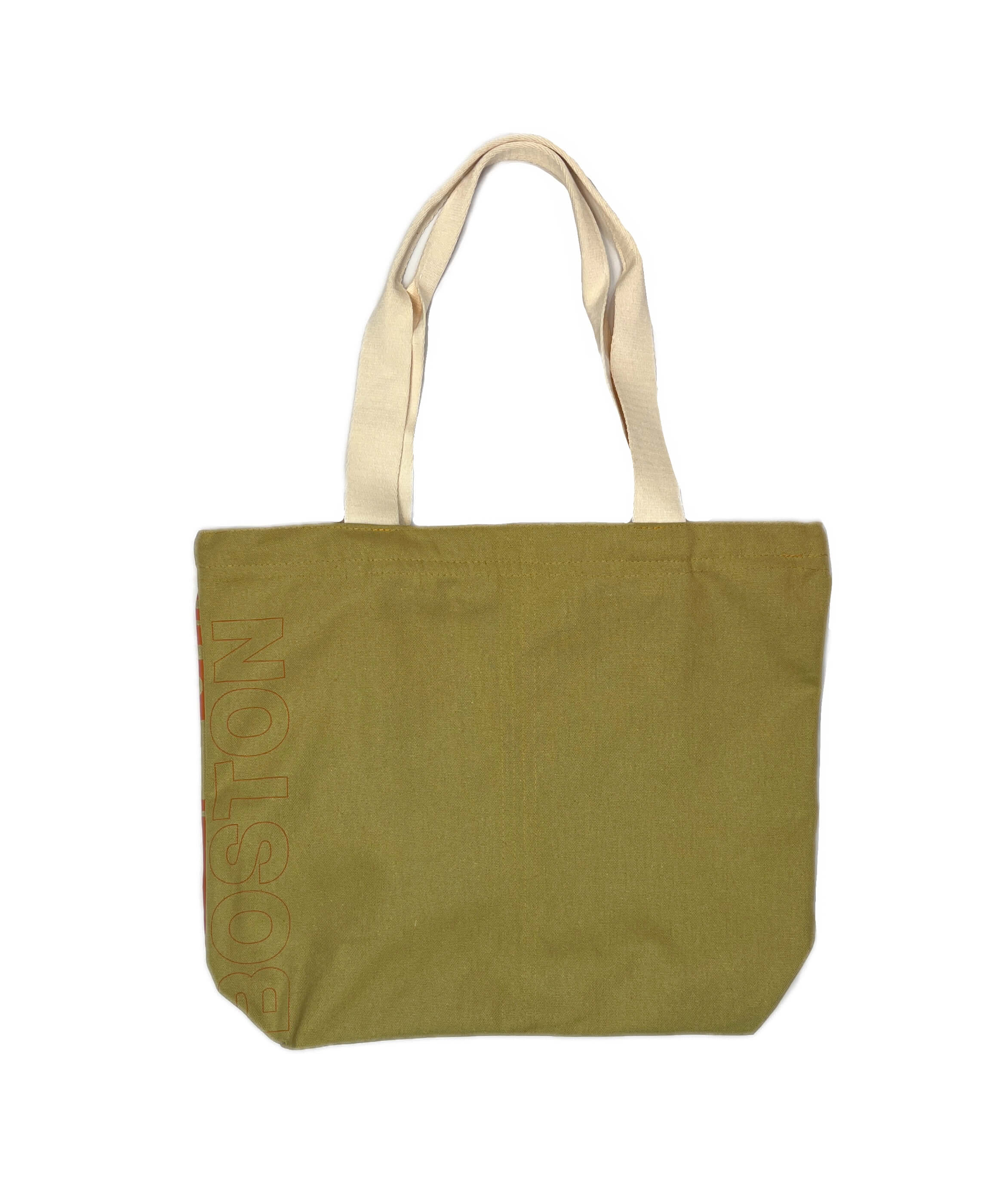 Tan canvas tote bag with large orange Boston MBTA PCC bus graphic and vertical Boston text on the back