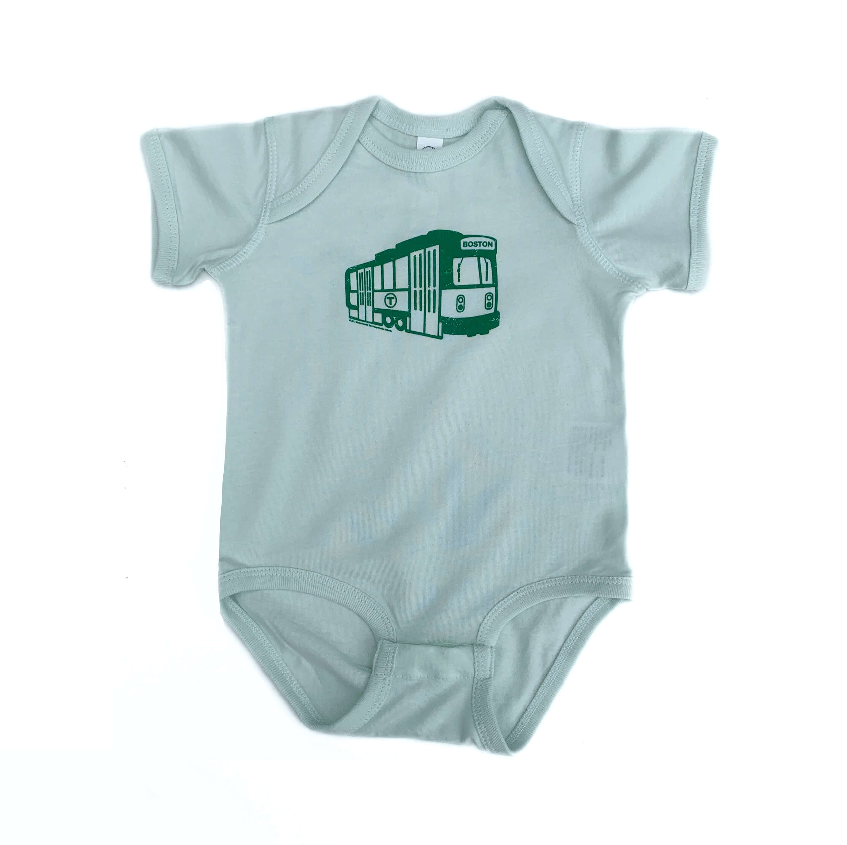 Light green cotton baby onesie with Dark Green Boston Green Line Trolley graphic