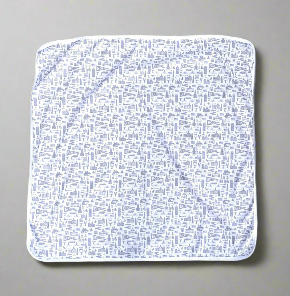 White cotton baby blanket with grey Boston Massachusetts landmark pattern