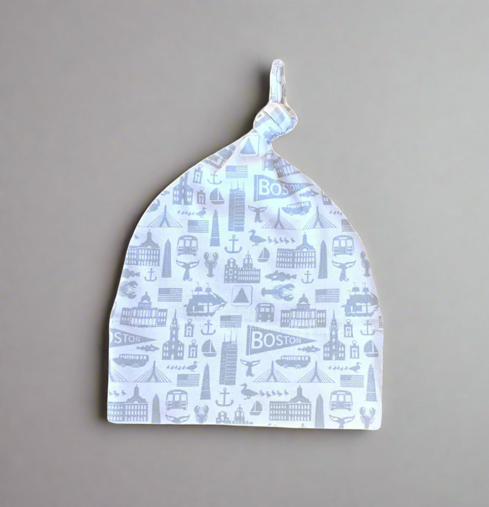 knotted knit newborn baby hat with cute grey Boston Massachusetts landmark pattern