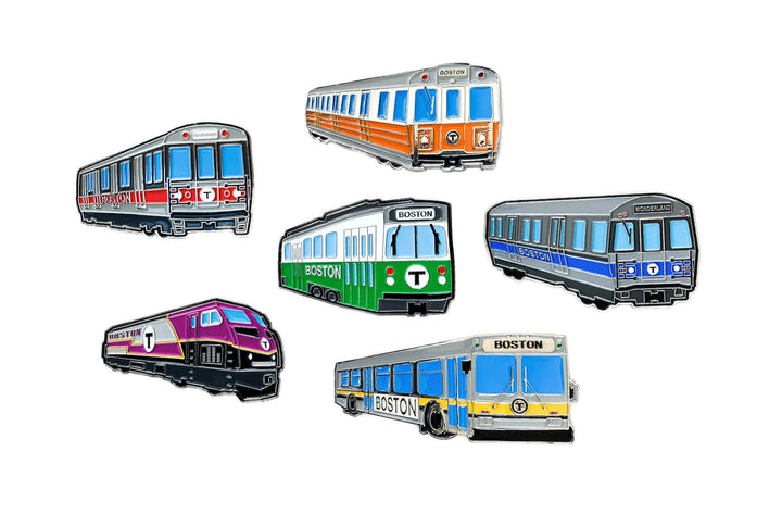 Set of six colorful Boston MBTA vehicle metal refrigerator magnets