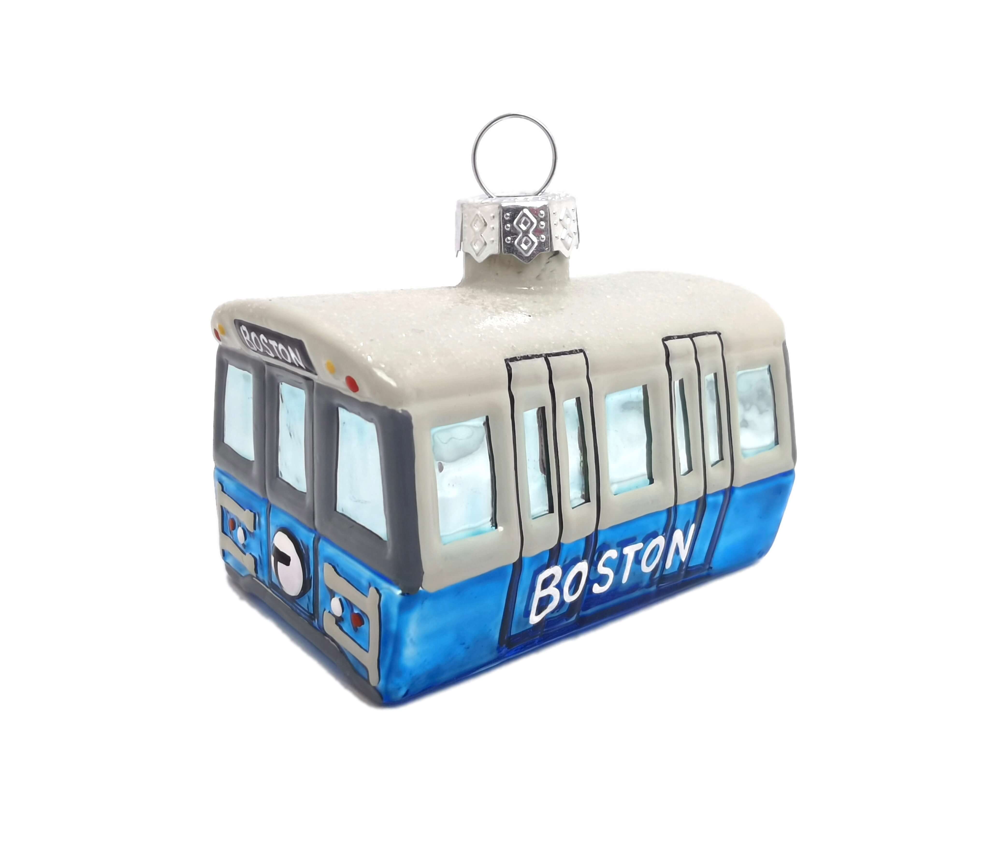 Boston MBTA Blue Line Train glass Christmas tree ornament