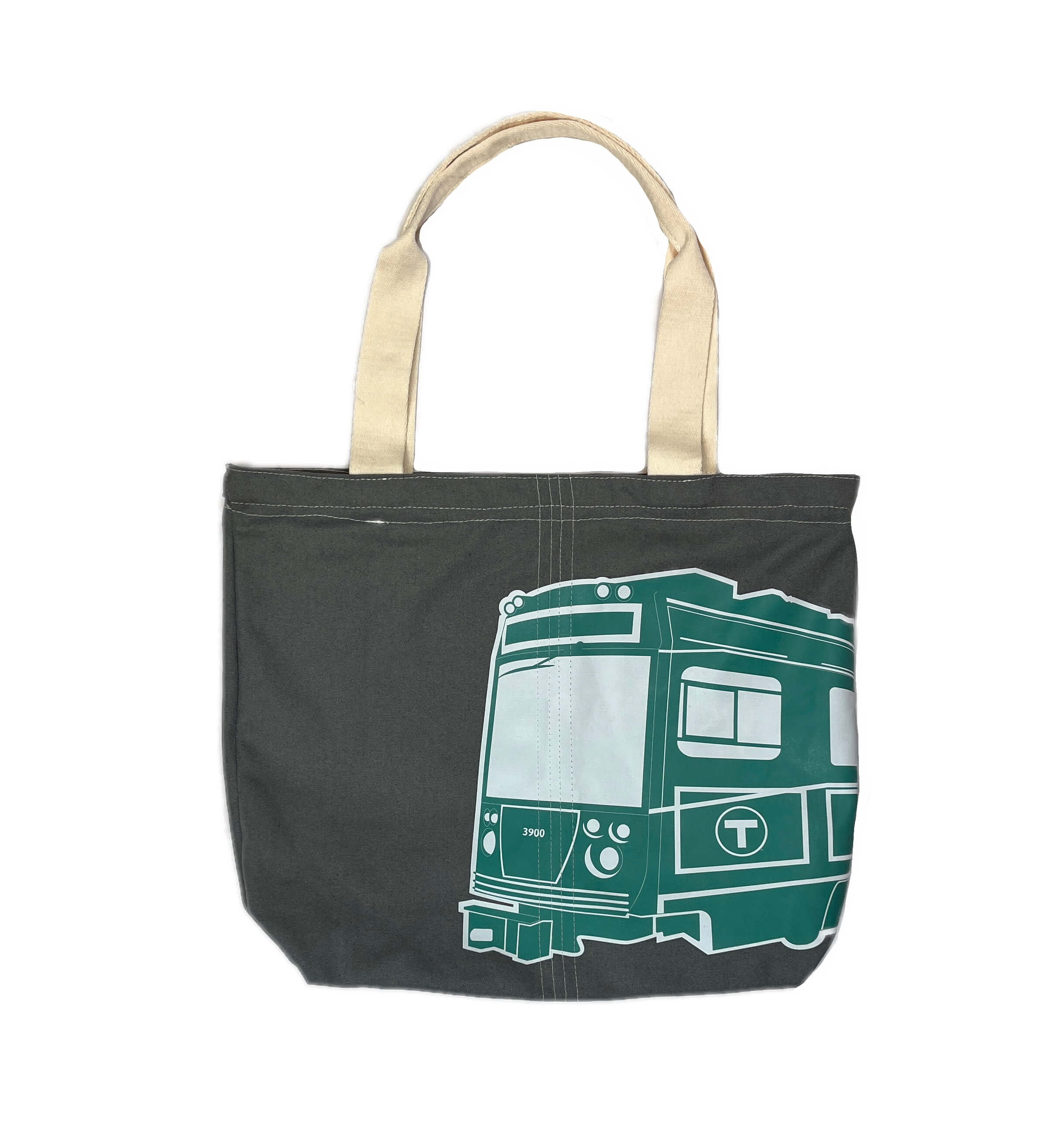 Charcoal grey canvas tote bag with large green and white Boston MBTA Green Line Trolley graphic
