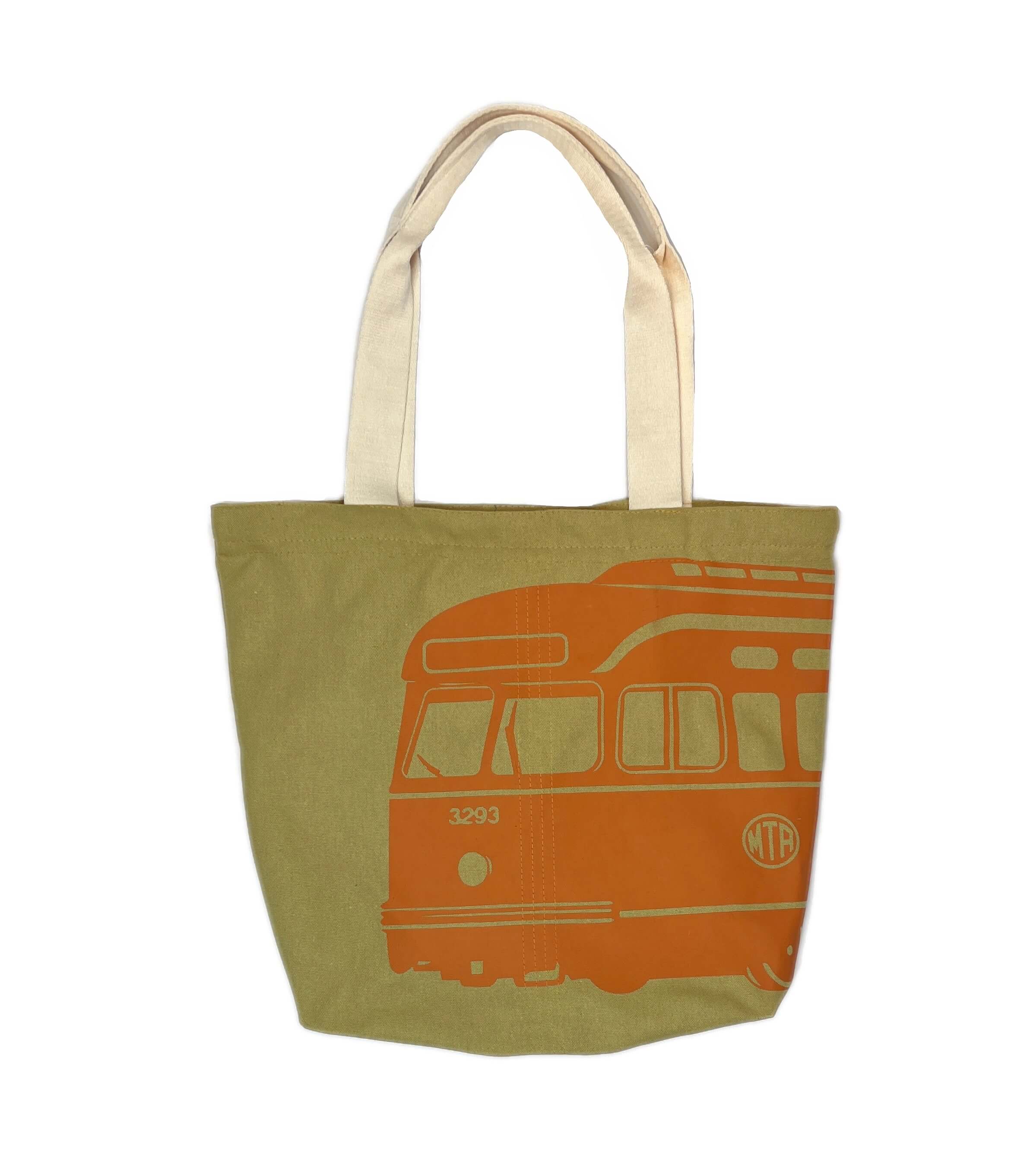 Tan canvas tote bag with large orange Boston MBTA PCC bus graphic