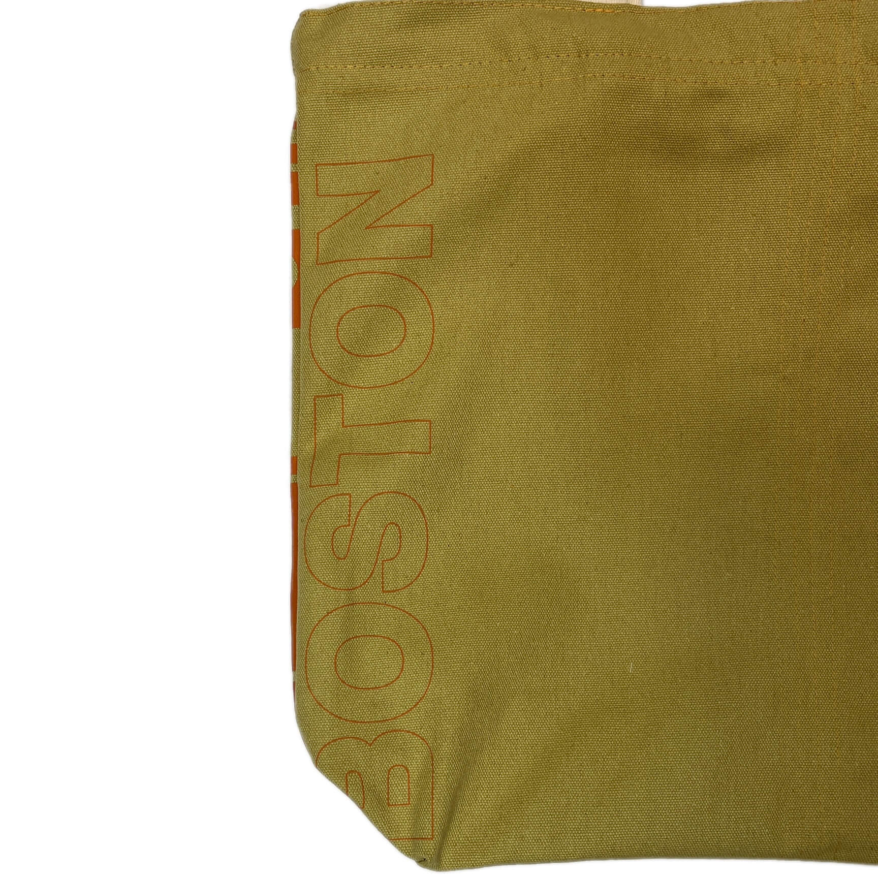 Tan canvas tote bag with large orange Boston MBTA PCC bus graphic and Boston text printed vertically