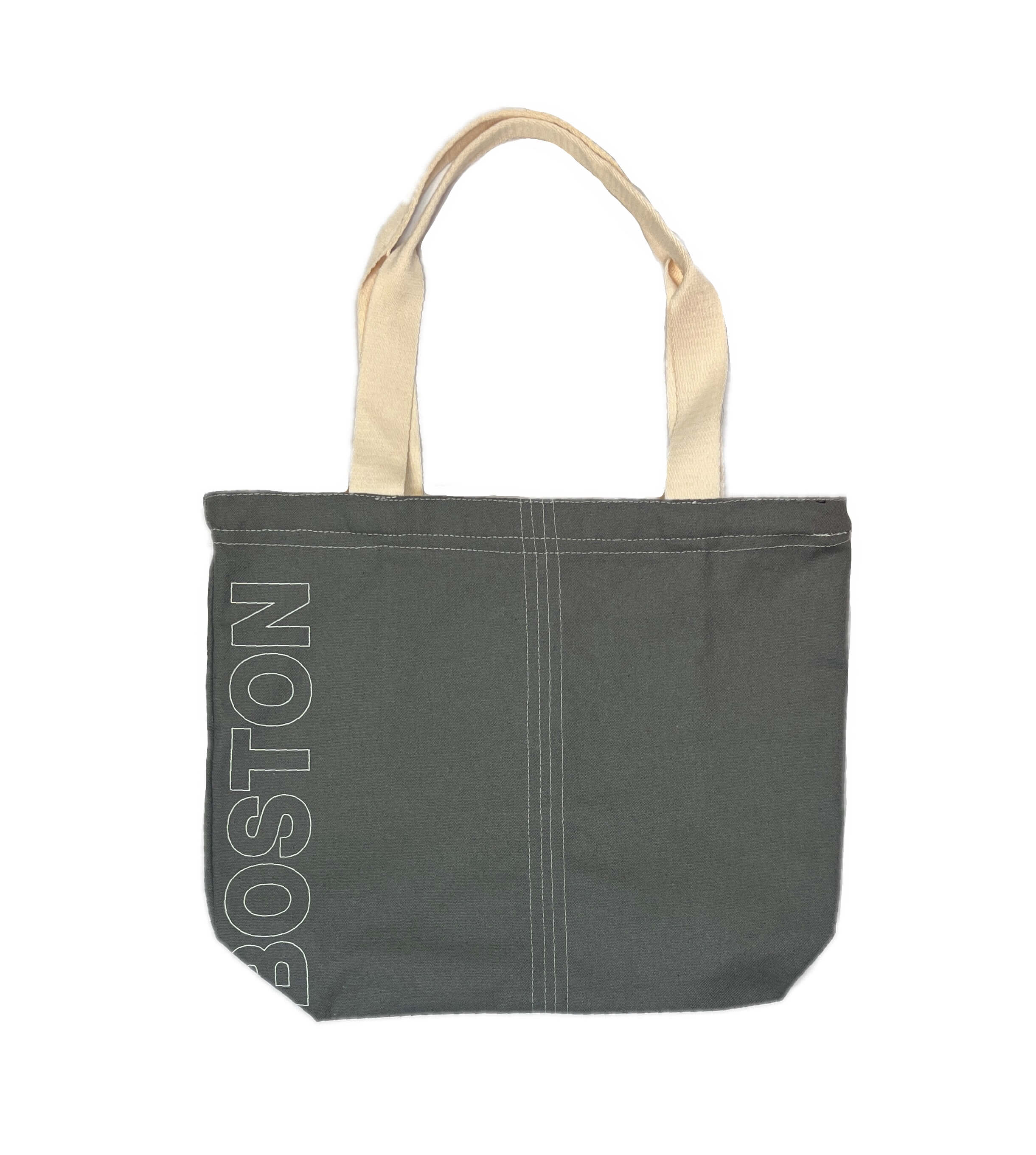 Charcoal grey canvas tote bag with large  Boston text printed vertically