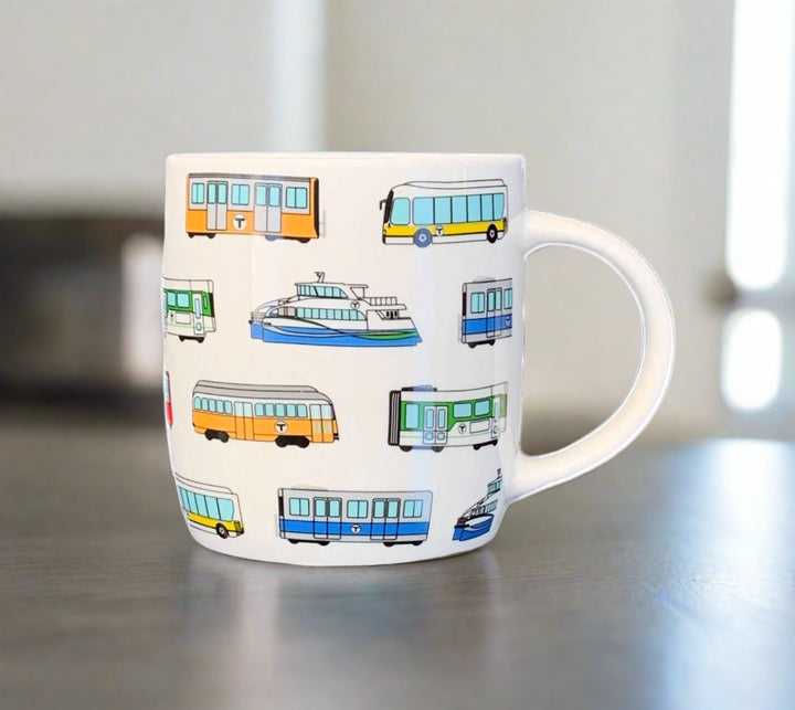 Ceramic coffee mug with Boston MBTA vehicles pattern - left side
