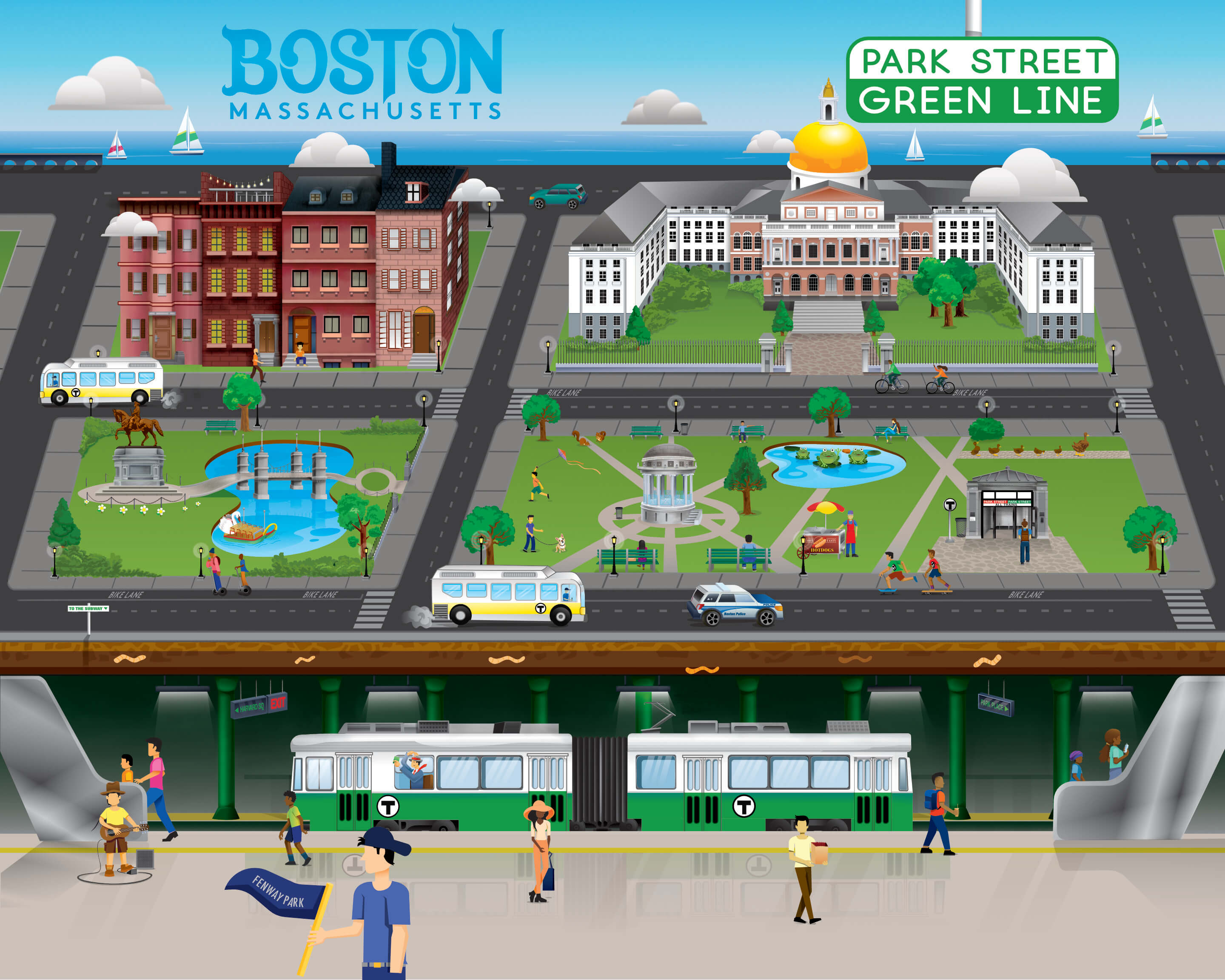 fun jigsaw puzzle illustration of Boston Common and the Green Line Park Street Station