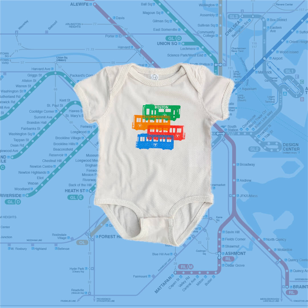 Porcelain off white onesie with red green blue and orange Boston subway cars graphic with MBTA Map background