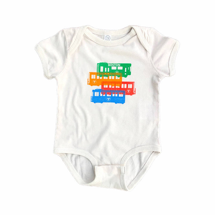 off-white baby onesie with green orange red and blue line boston subway train silhouette graphic