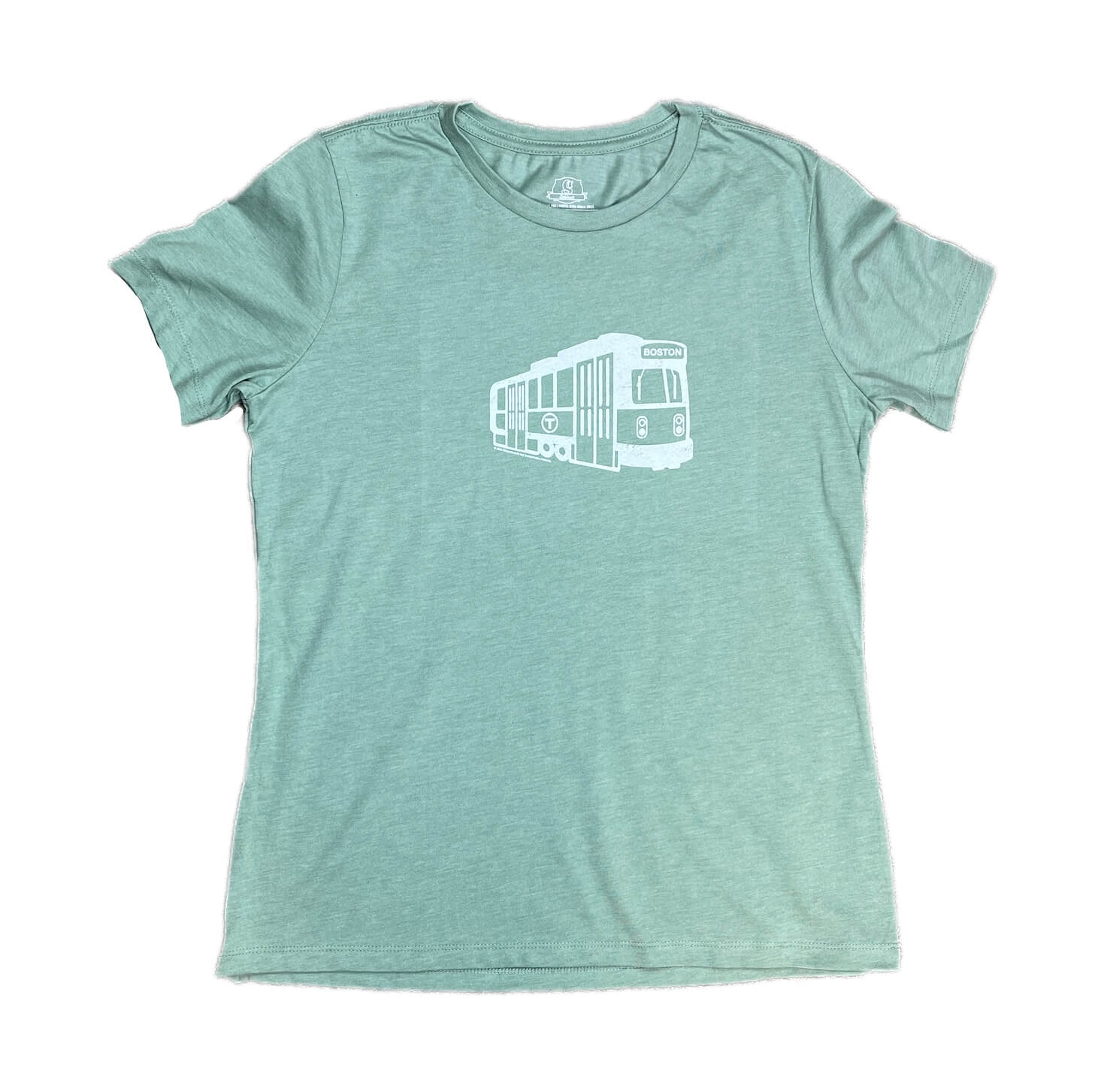 Light heather green women's t-shirt with white Boston Green Line trolley graphic
