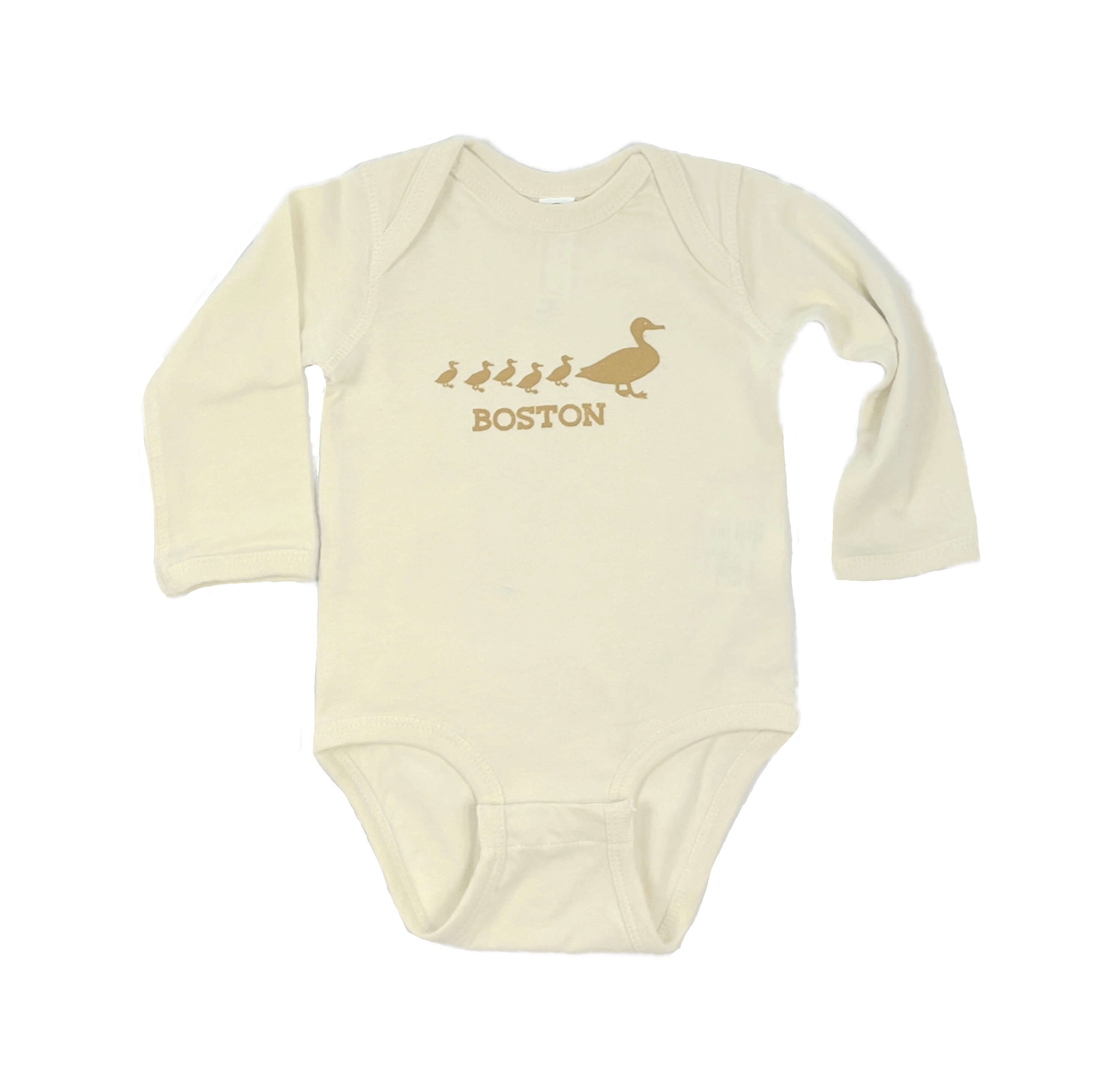 Natural colored Make Way for Ducklings onesie with golden brown duck print and 'Boston' text