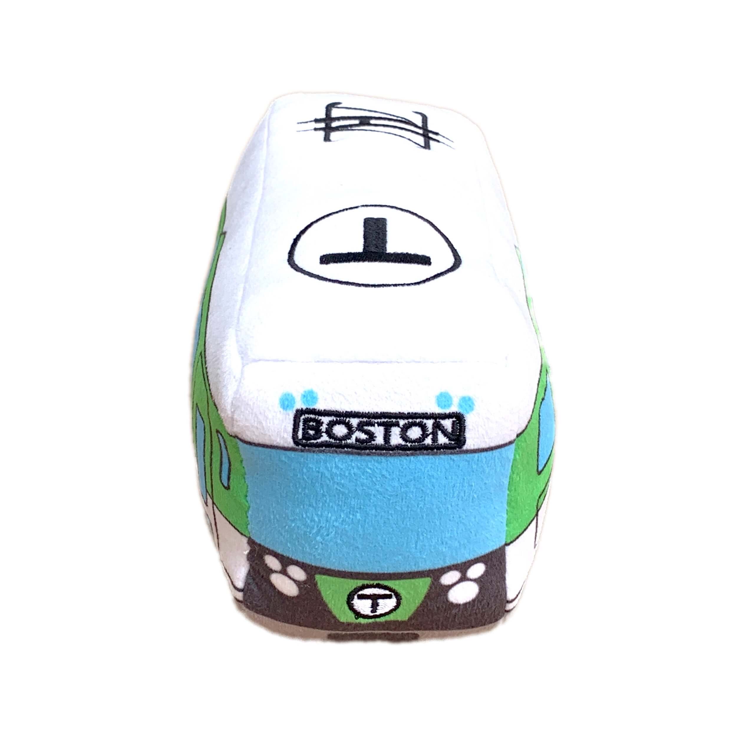 front and top view of cute Boston Green Line trolley plush toy